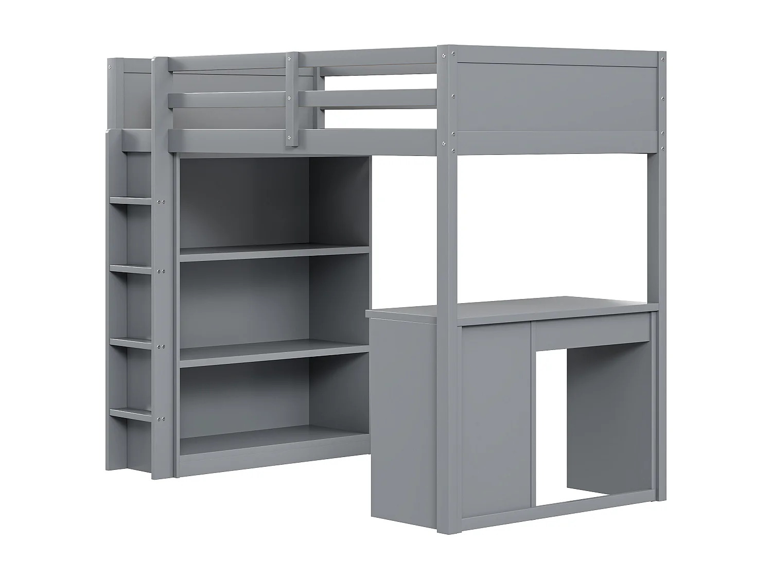 Letto a soppalco 90 x 200 cm con scrivania, ripiani portaoggetti, cassetti e scaletta, legno MDF, grigio