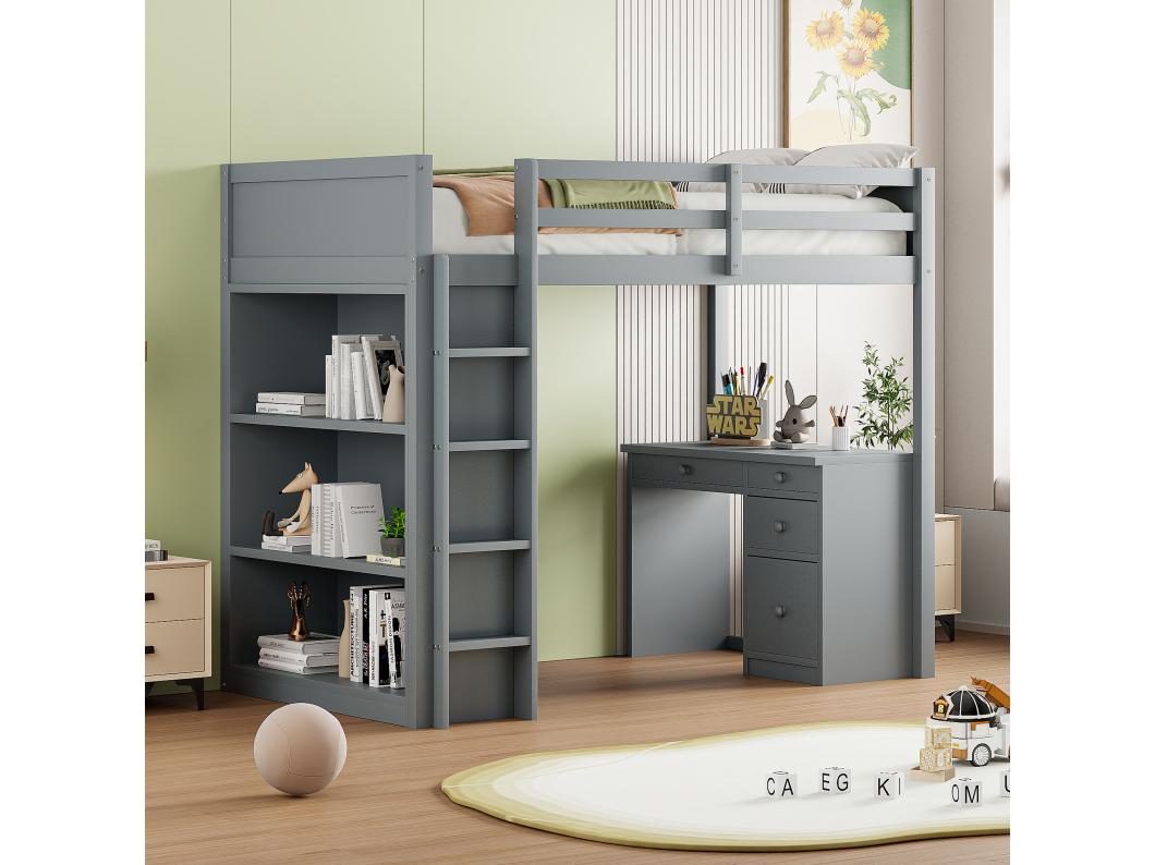 Hoogslaper 90 x 200 cm met bureau, opbergplanken, laden en ladder, MDF-hout, grijs