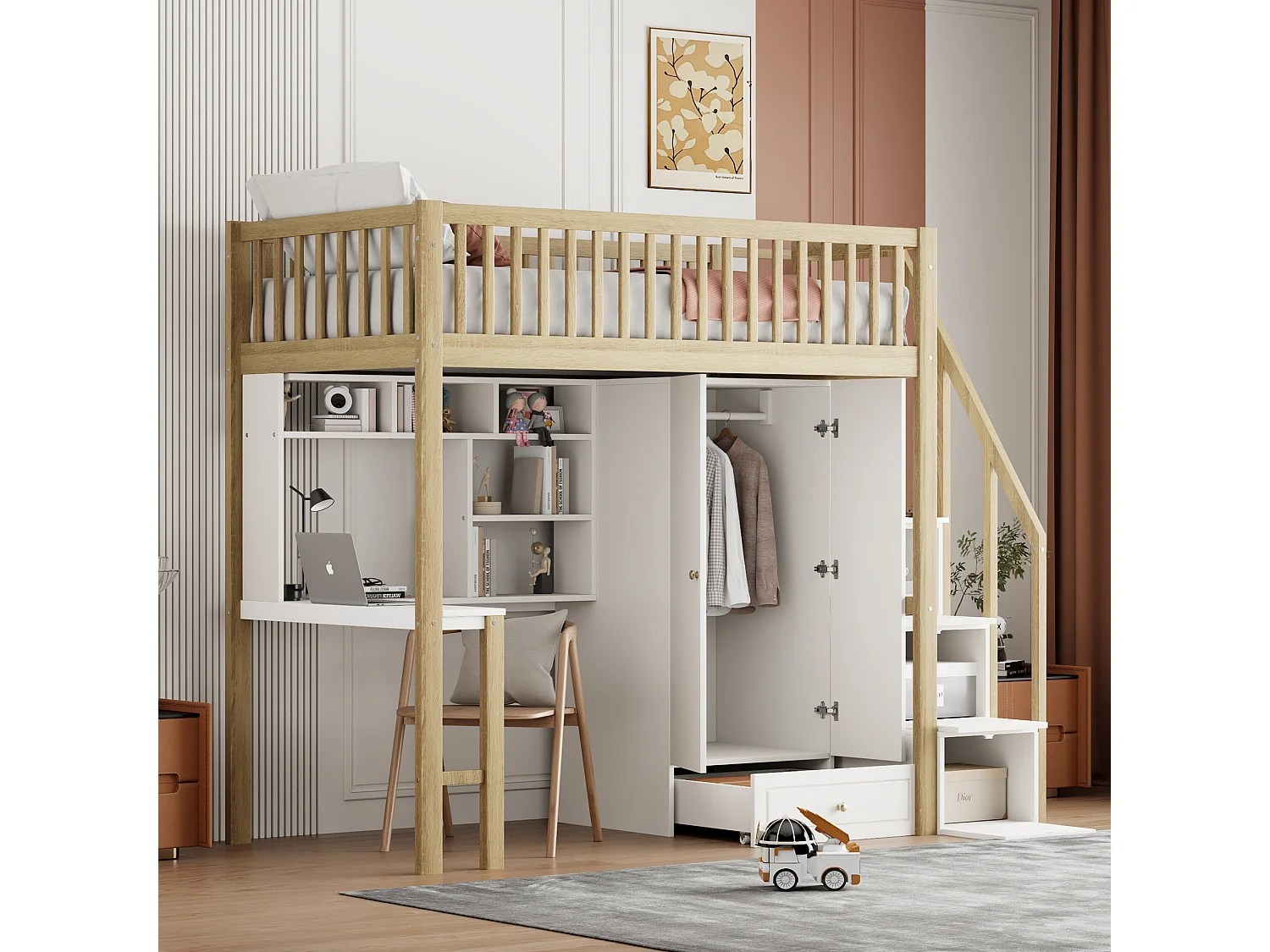 Lit mezzanine 90 x 200 cm avec grande armoire, bureau, bibliothèque, escalier et tiroirs, tout-en-un, Bois MDF, Blanc + chêne