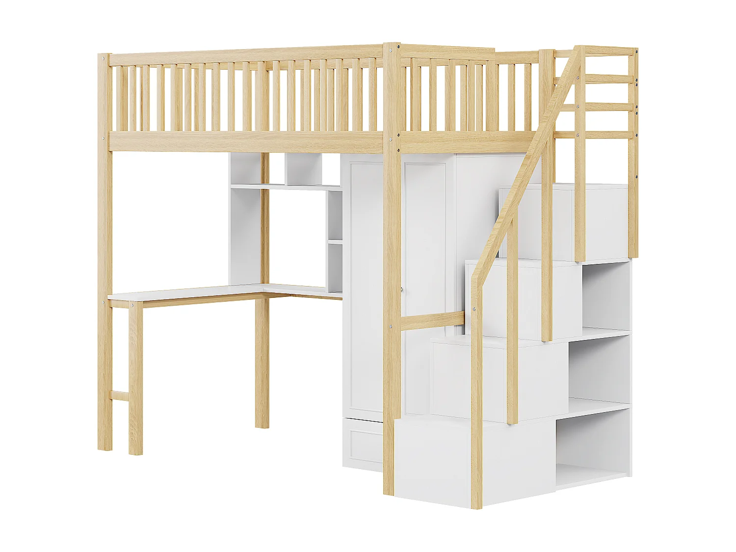 Lit mezzanine 90 x 200 cm avec grande armoire, bureau, bibliothèque, escalier et tiroirs, tout-en-un, Bois MDF, Blanc + chêne