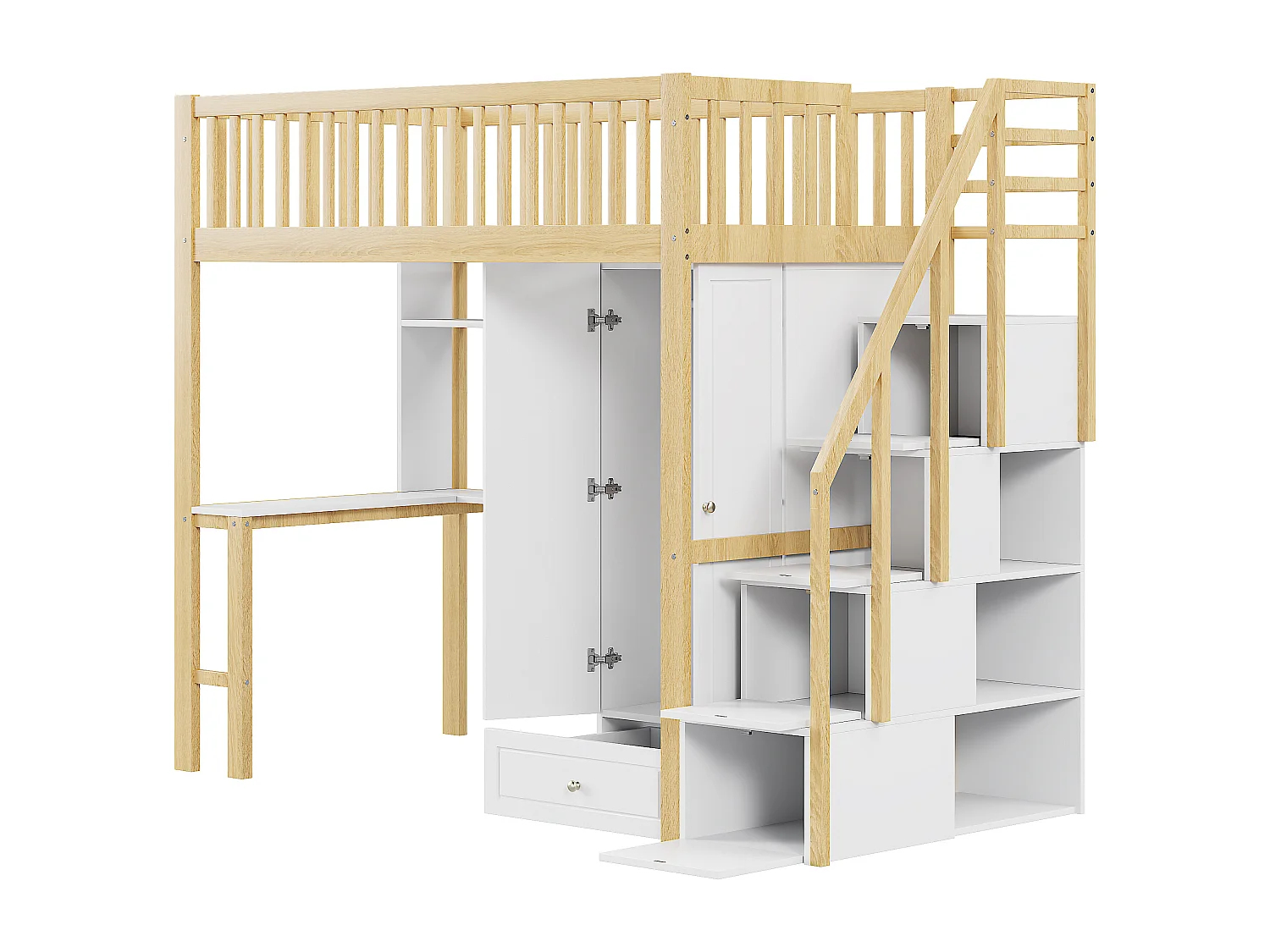 Lit mezzanine 90 x 200 cm avec grande armoire, bureau, bibliothèque, escalier et tiroirs, tout-en-un, Bois MDF, Blanc + chêne