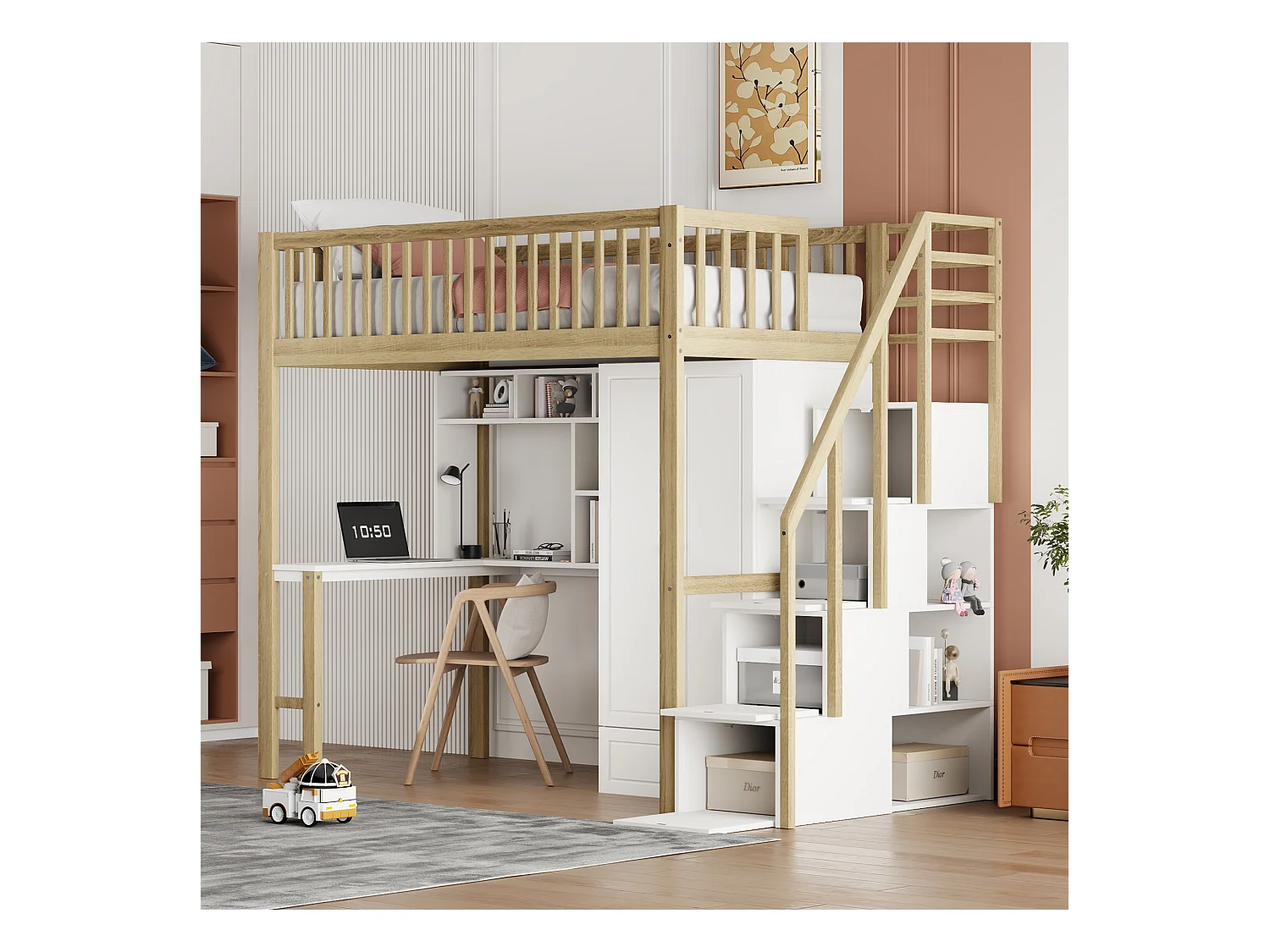 Hoogslaper 90 x 200 cm met grote kledingkast, bureau, boekenkast, trap en lades, alles-in-één, MDF hout, Wit + eiken