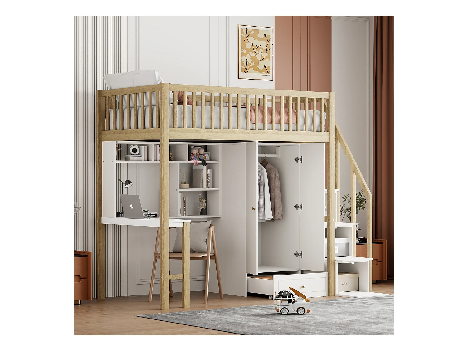Lit mezzanine 90 x 200 cm avec grande armoire, bureau, bibliothèque, escalier et tiroirs, tout-en-un, Bois MDF, Blanc + chêne