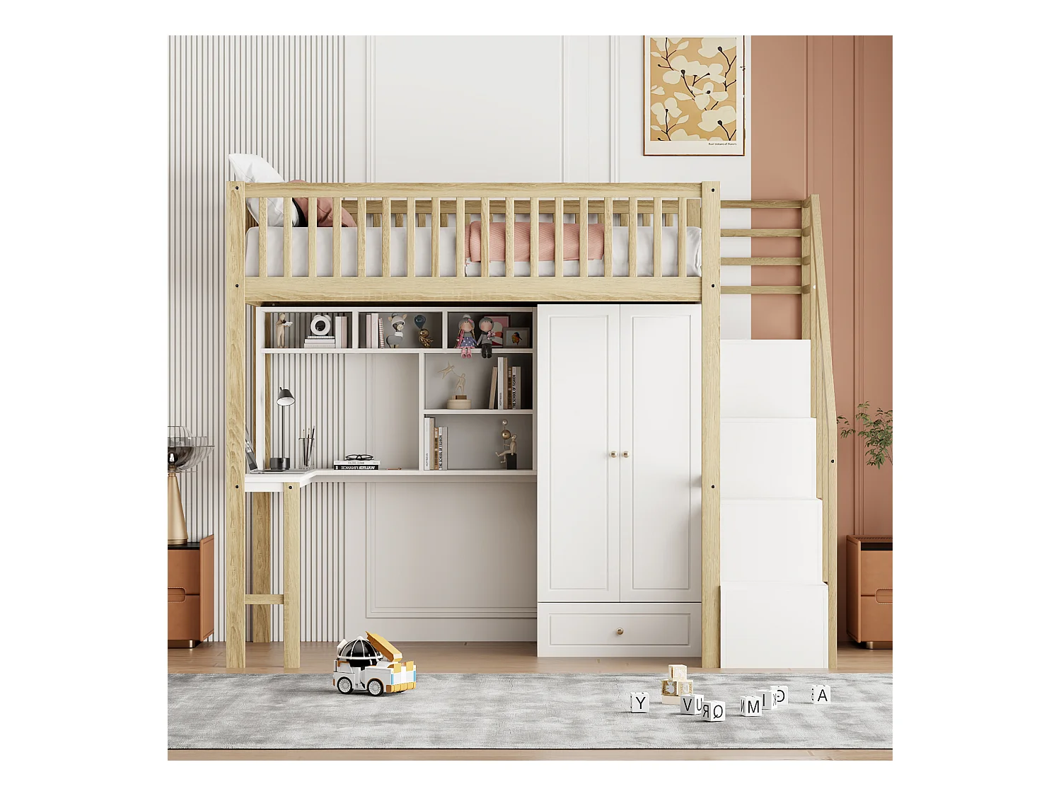 Lit mezzanine 90 x 200 cm avec grande armoire, bureau, bibliothèque, escalier et tiroirs, tout-en-un, Bois MDF, Blanc + chêne