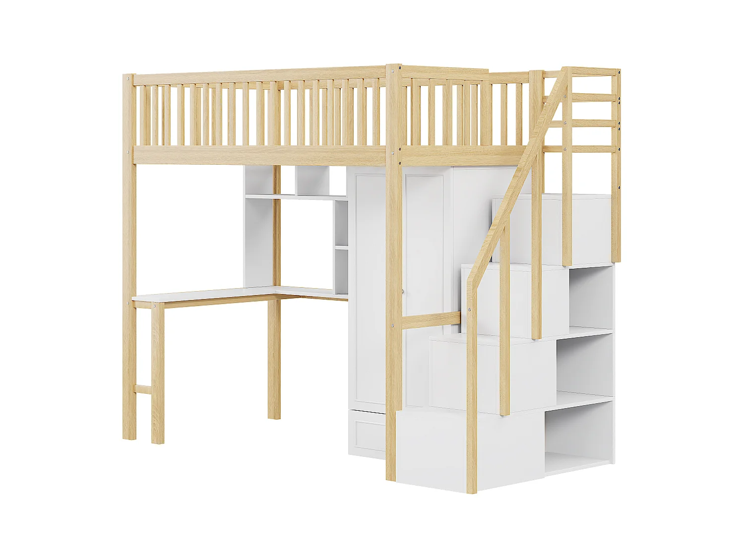 Lit mezzanine 90 x 200 cm avec grande armoire, bureau, bibliothèque, escalier et tiroirs, tout-en-un, Bois MDF, Blanc + chêne
