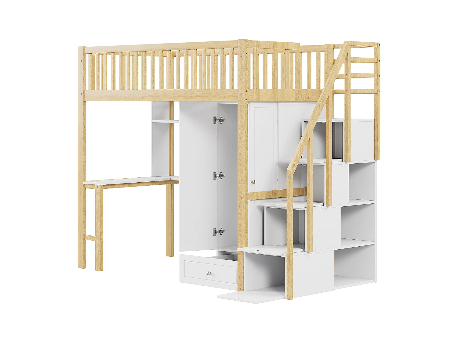 Lit mezzanine 90 x 200 cm avec grande armoire, bureau, bibliothèque, escalier et tiroirs, tout-en-un, Bois MDF, Blanc + chêne