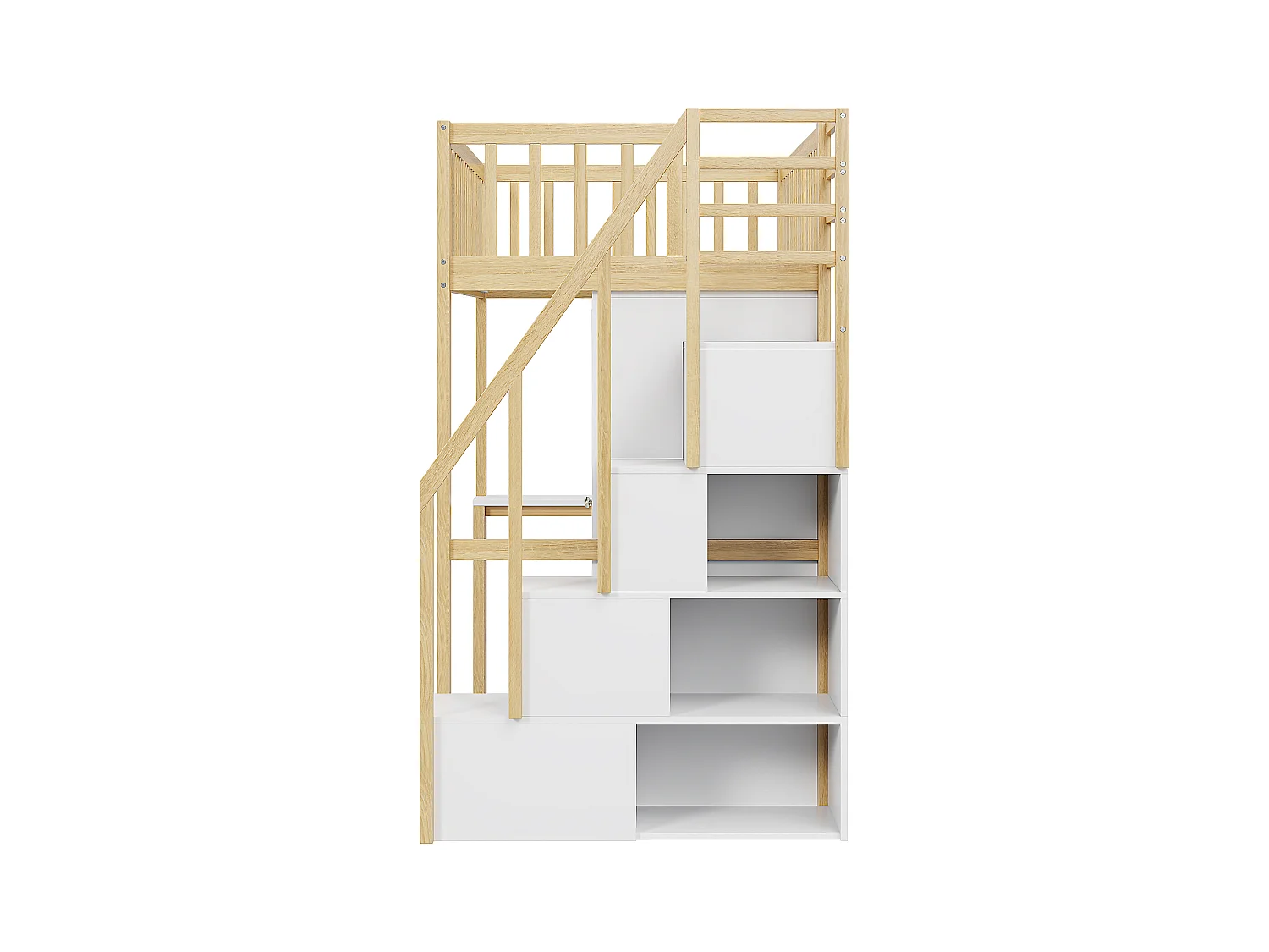Lit mezzanine 90 x 200 cm avec grande armoire, bureau, bibliothèque, escalier et tiroirs, tout-en-un, Bois MDF, Blanc + chêne