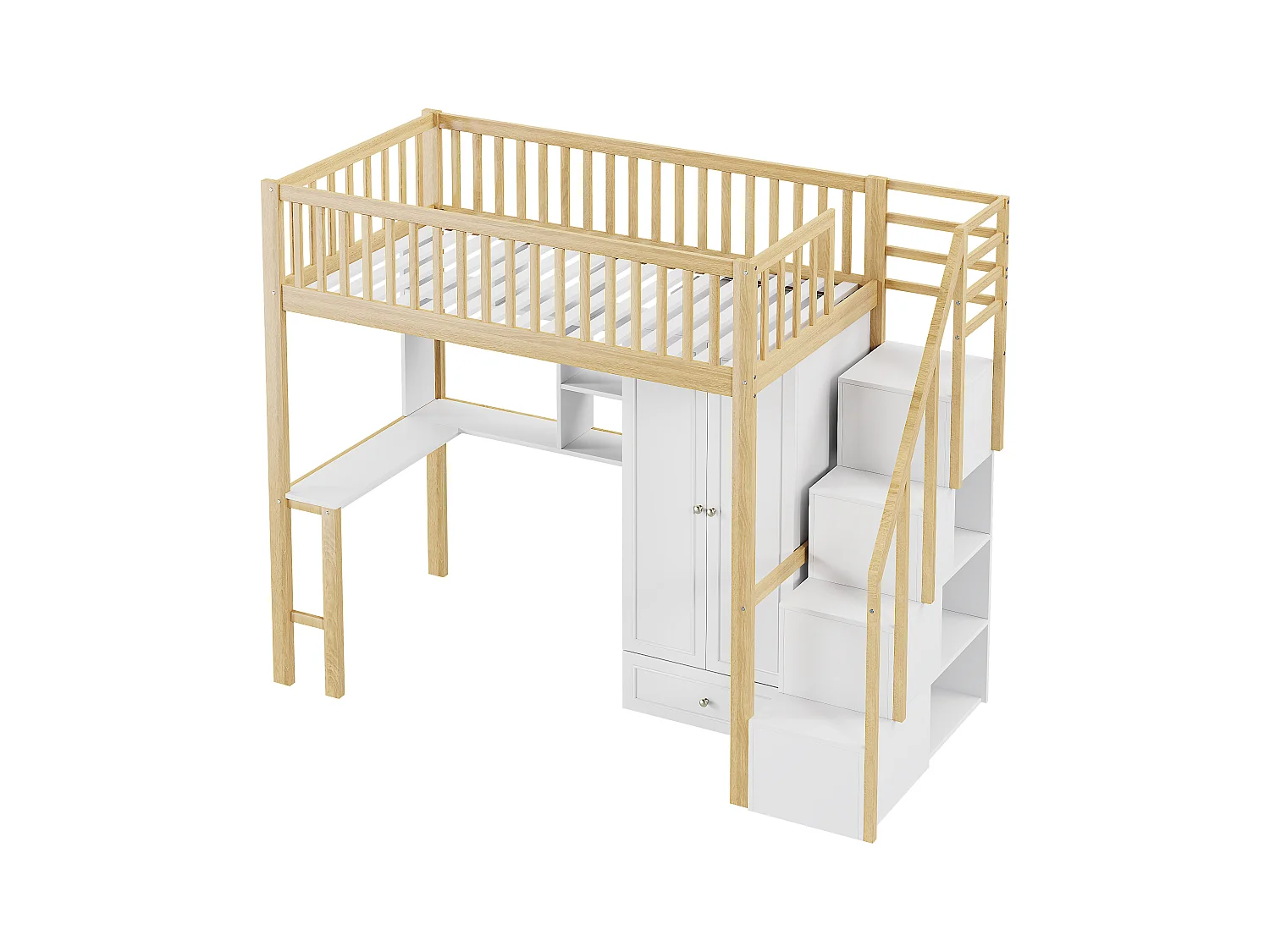 Lit mezzanine 90 x 200 cm avec grande armoire, bureau, bibliothèque, escalier et tiroirs, tout-en-un, Bois MDF, Blanc + chêne