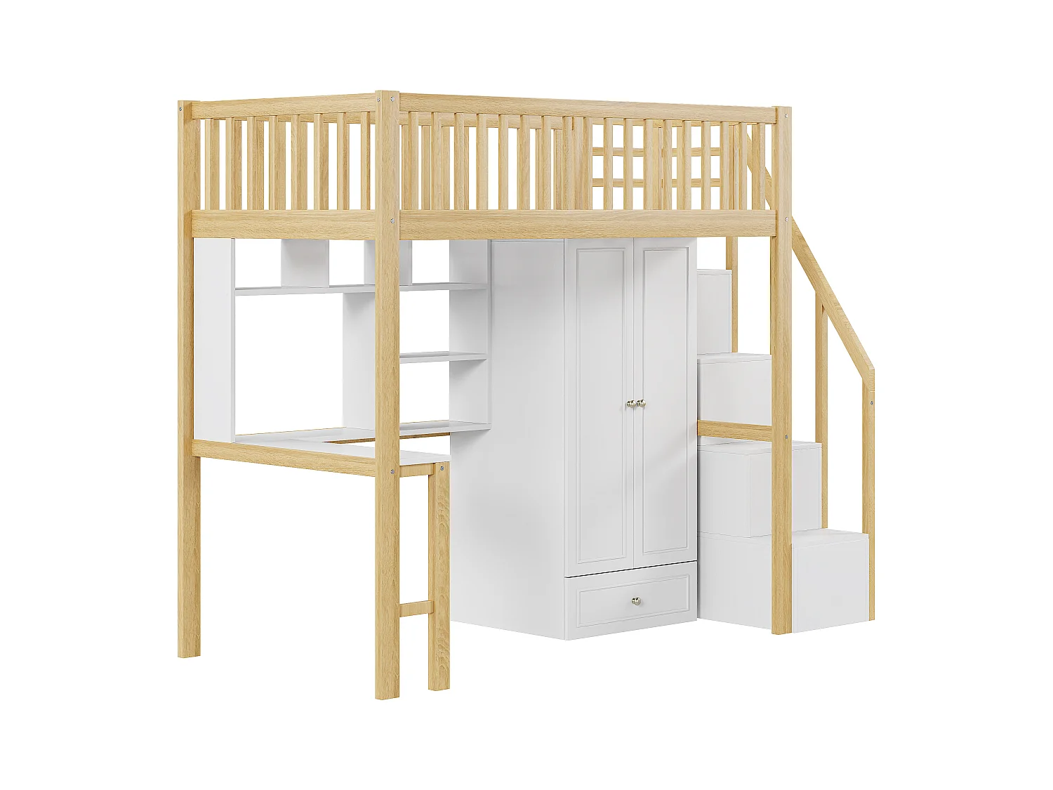 Lit mezzanine 90 x 200 cm avec grande armoire, bureau, bibliothèque, escalier et tiroirs, tout-en-un, Bois MDF, Blanc + chêne