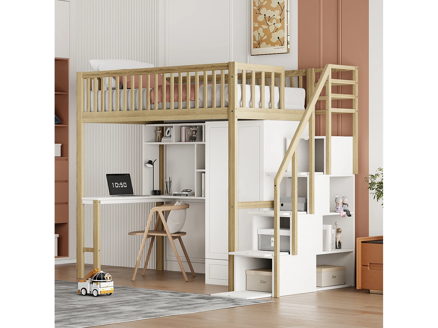 Hoogslaper 90 x 200 cm met grote kledingkast, bureau, boekenkast, trap en lades, alles-in-één, MDF hout, Wit + eiken