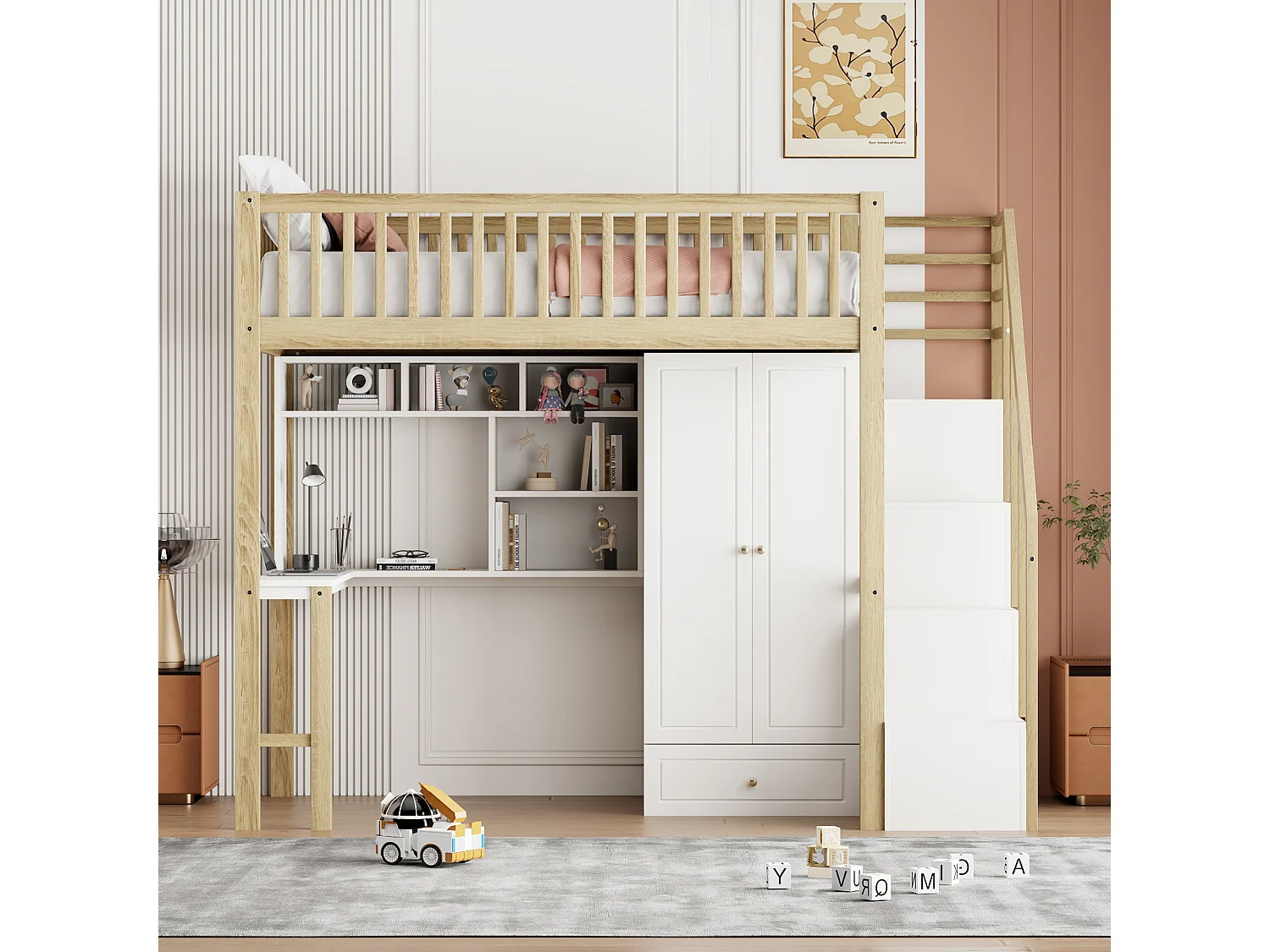 Lit mezzanine 90 x 200 cm avec grande armoire, bureau, bibliothèque, escalier et tiroirs, tout-en-un, Bois MDF, Blanc + chêne
