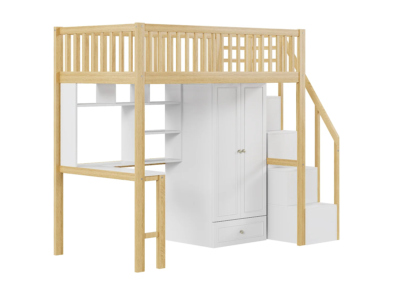 Lit mezzanine 90 x 200 cm avec grande armoire, bureau, bibliothèque, escalier et tiroirs, tout-en-un, Bois MDF, Blanc + chêne