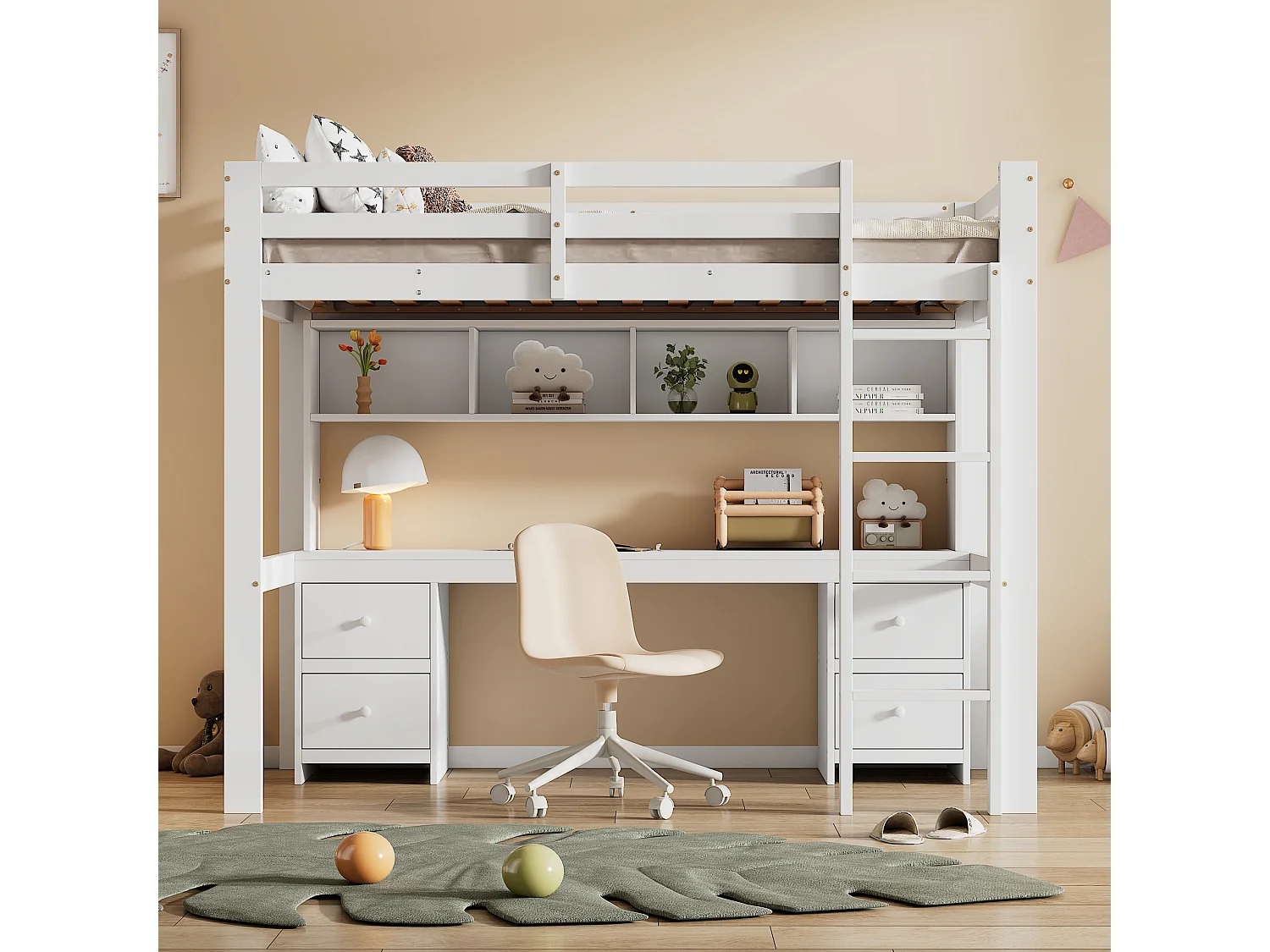 Hochbett 90 x 200 cm mit Schreibtisch, Bücherregal, Schubladen und Leiter, MDF-Holz, Weiß