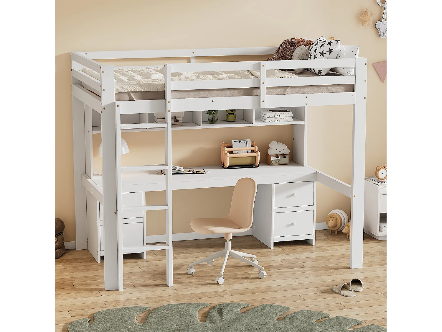 Hoogslaper 90 x 200 cm met bureau, boekenkast, lades en ladder, MDF hout, Wit