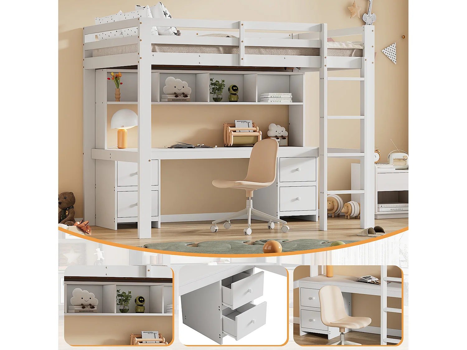 Hoogslaper 90 x 200 cm met bureau, boekenkast, lades en ladder, MDF hout, Wit