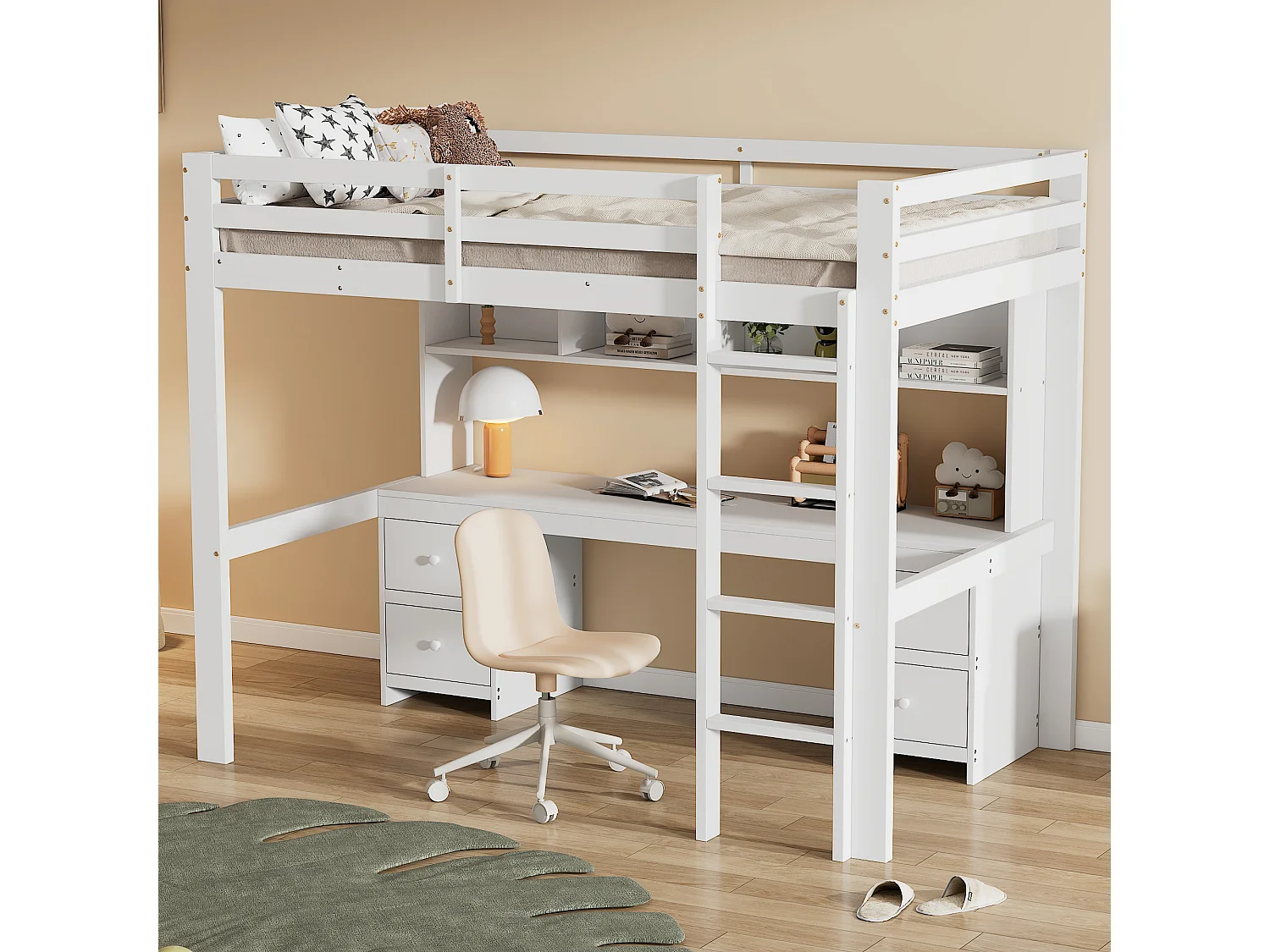 Lit mezzanine 90 x 200 cm avec bureau, bibliothèque, tiroirs et échelle, Bois MDF, Blanc