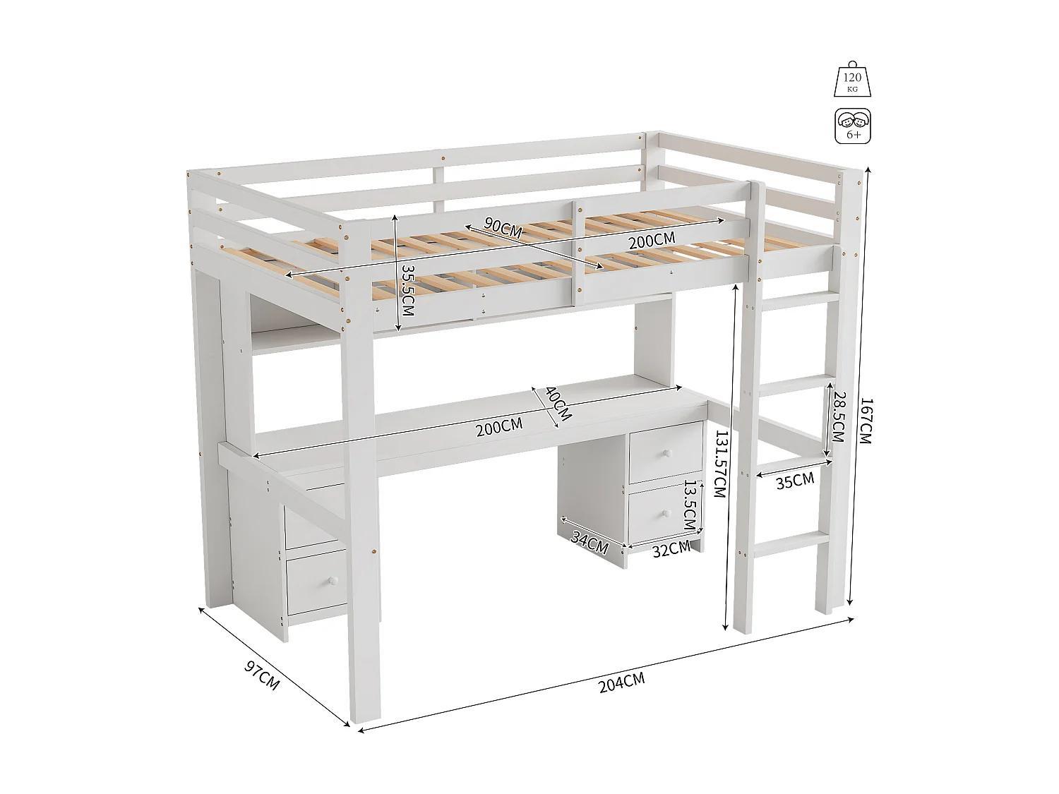 Lit mezzanine 90 x 200 cm avec bureau, bibliothèque, tiroirs et échelle, Bois MDF, Blanc