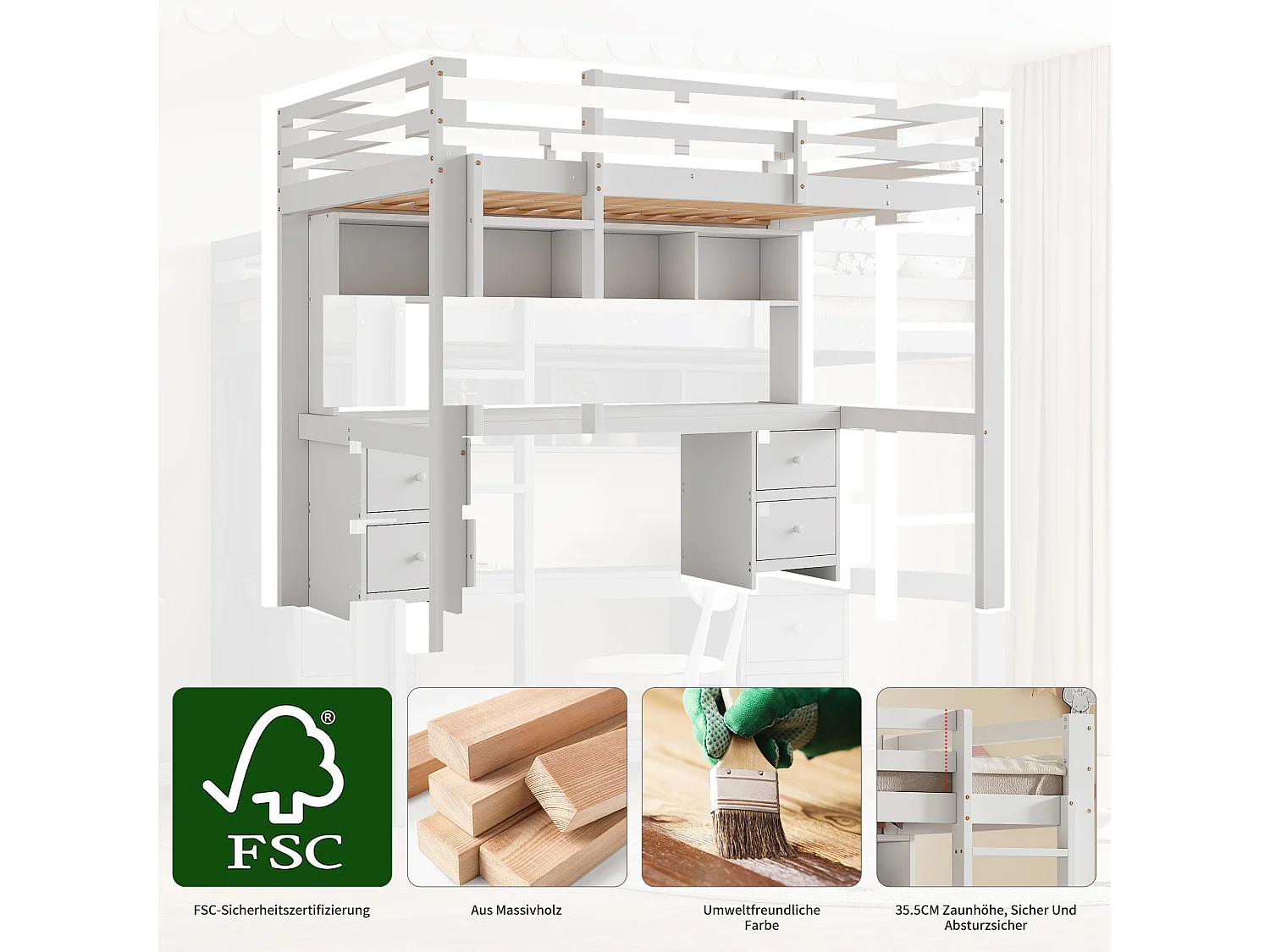 Lit mezzanine 90 x 200 cm avec bureau, bibliothèque, tiroirs et échelle, Bois MDF, Blanc