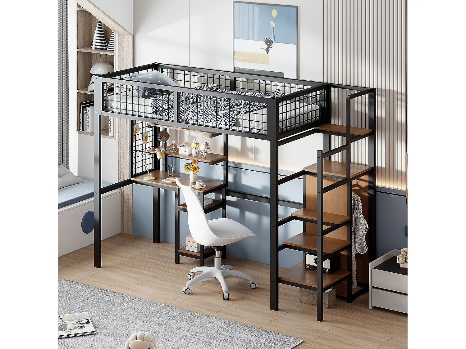 Lit mezzanine 90 x 200 cm en métal avec armoire, éscalier, bureau, étagères de rangement, tout-en-un, noir