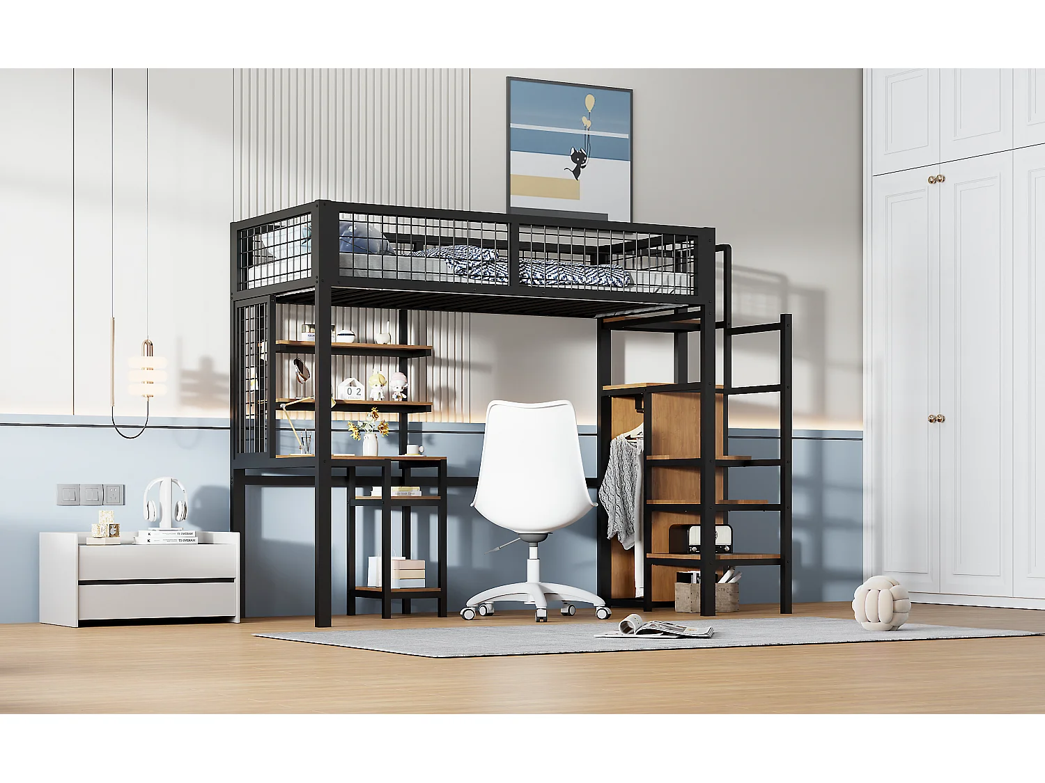 Lit mezzanine 90 x 200 cm en métal avec armoire, éscalier, bureau, étagères de rangement, tout-en-un, noir