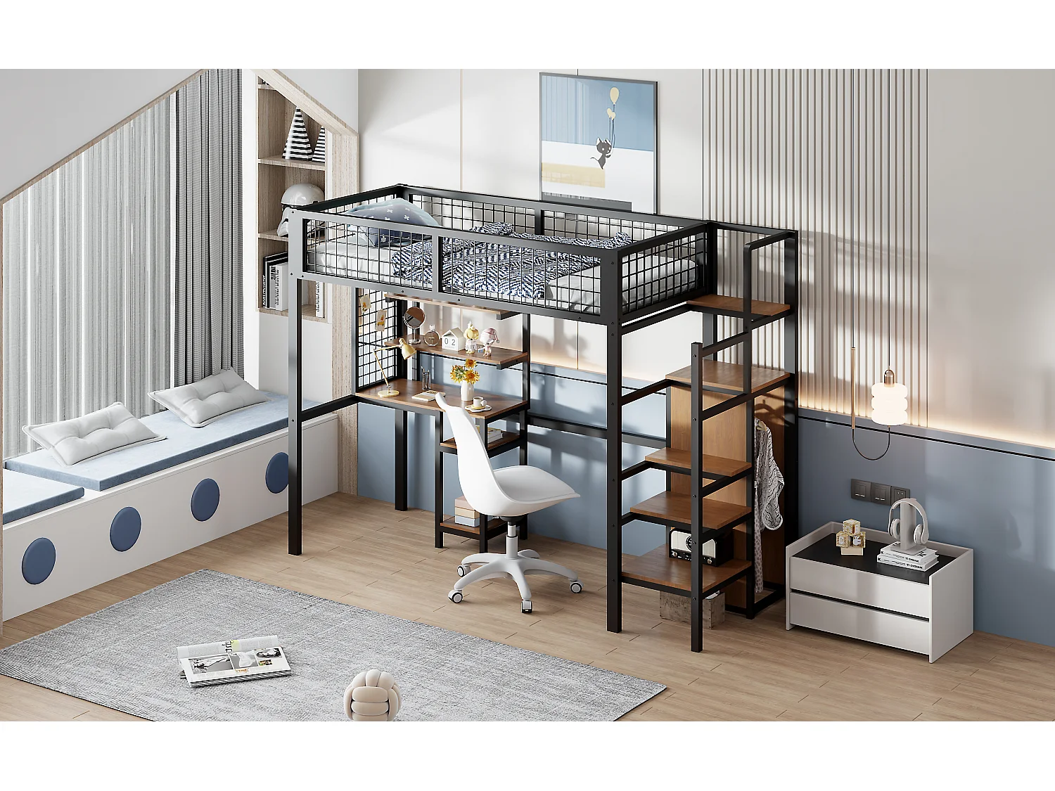 Lit mezzanine 90 x 200 cm en métal avec armoire, éscalier, bureau, étagères de rangement, tout-en-un, noir