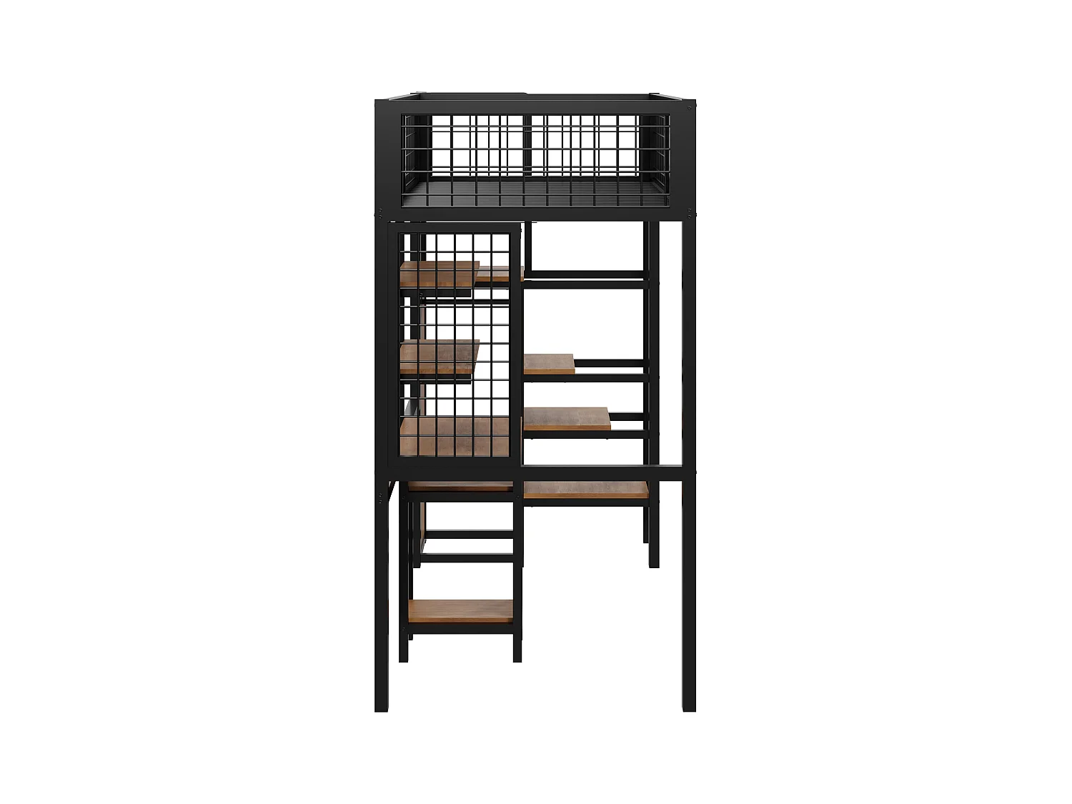 Lit mezzanine 90 x 200 cm en métal avec armoire, éscalier, bureau, étagères de rangement, tout-en-un, noir