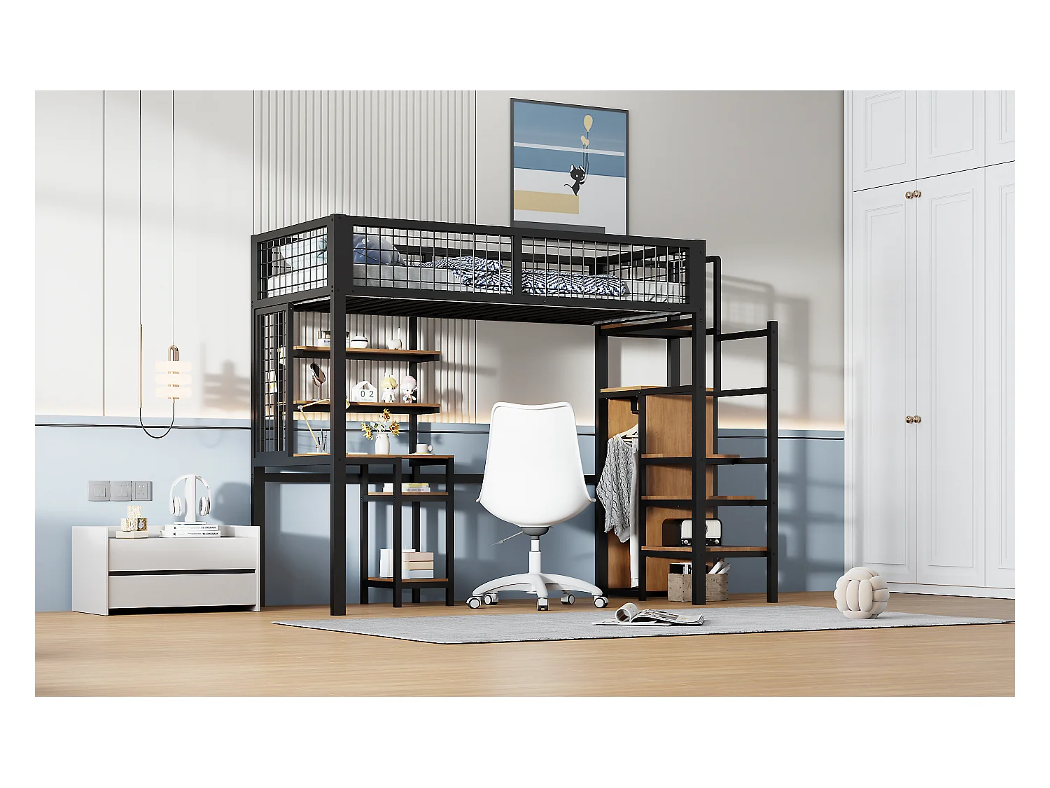 Lit mezzanine 90 x 200 cm en métal avec armoire, éscalier, bureau, étagères de rangement, tout-en-un, noir