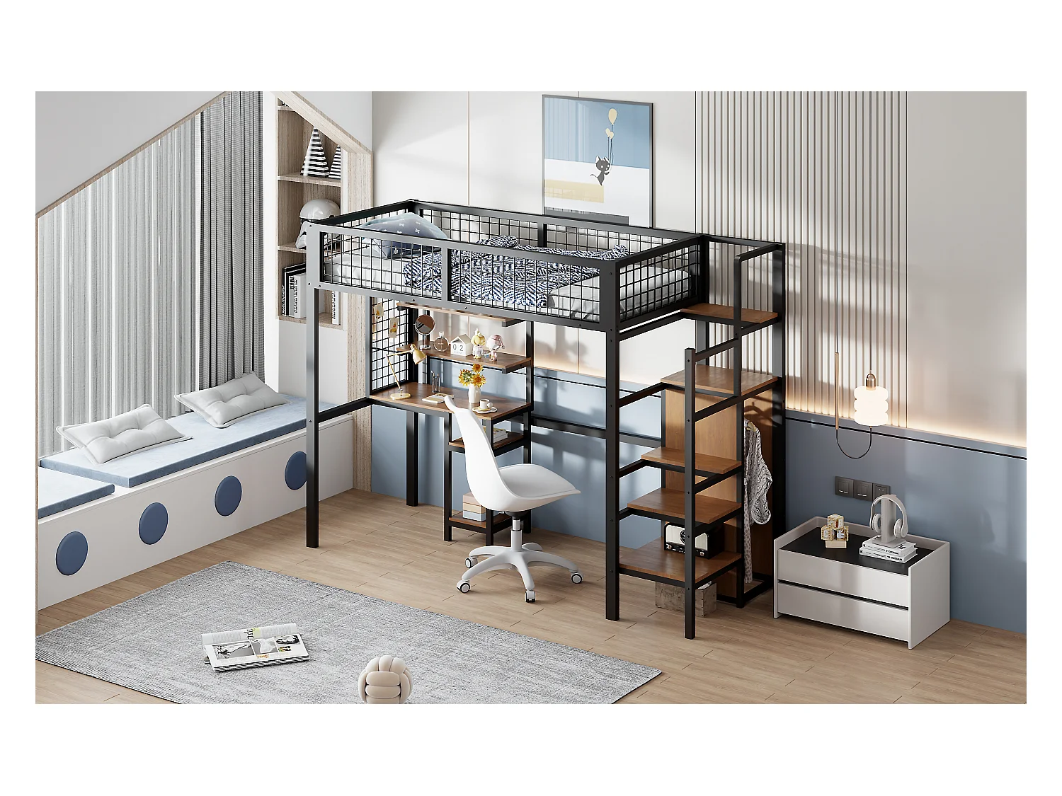 Lit mezzanine 90 x 200 cm en métal avec armoire, éscalier, bureau, étagères de rangement, tout-en-un, noir