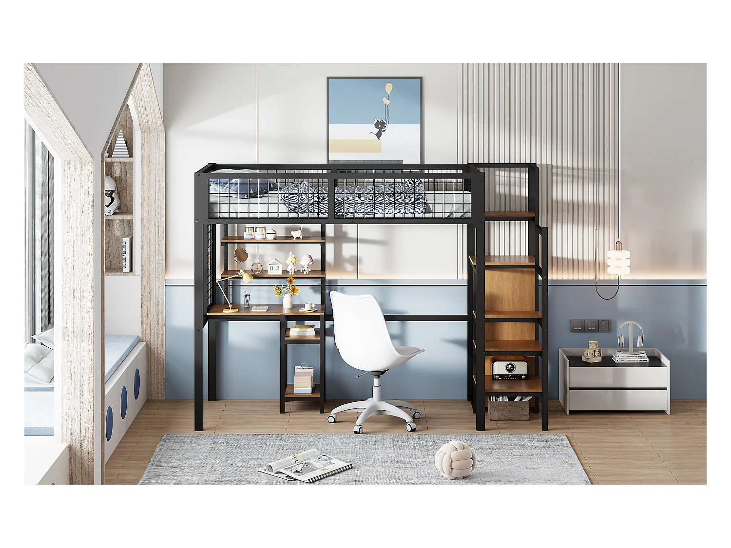 Lit mezzanine 90 x 200 cm en métal avec armoire, éscalier, bureau, étagères de rangement, tout-en-un, noir