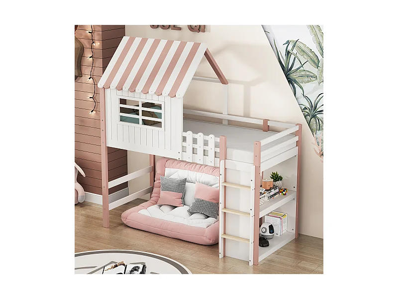 Letto a soppalco 90 x 200 cm - letto a soppalco con scala - Ripiano portaoggetti - Legno massello - Rosa