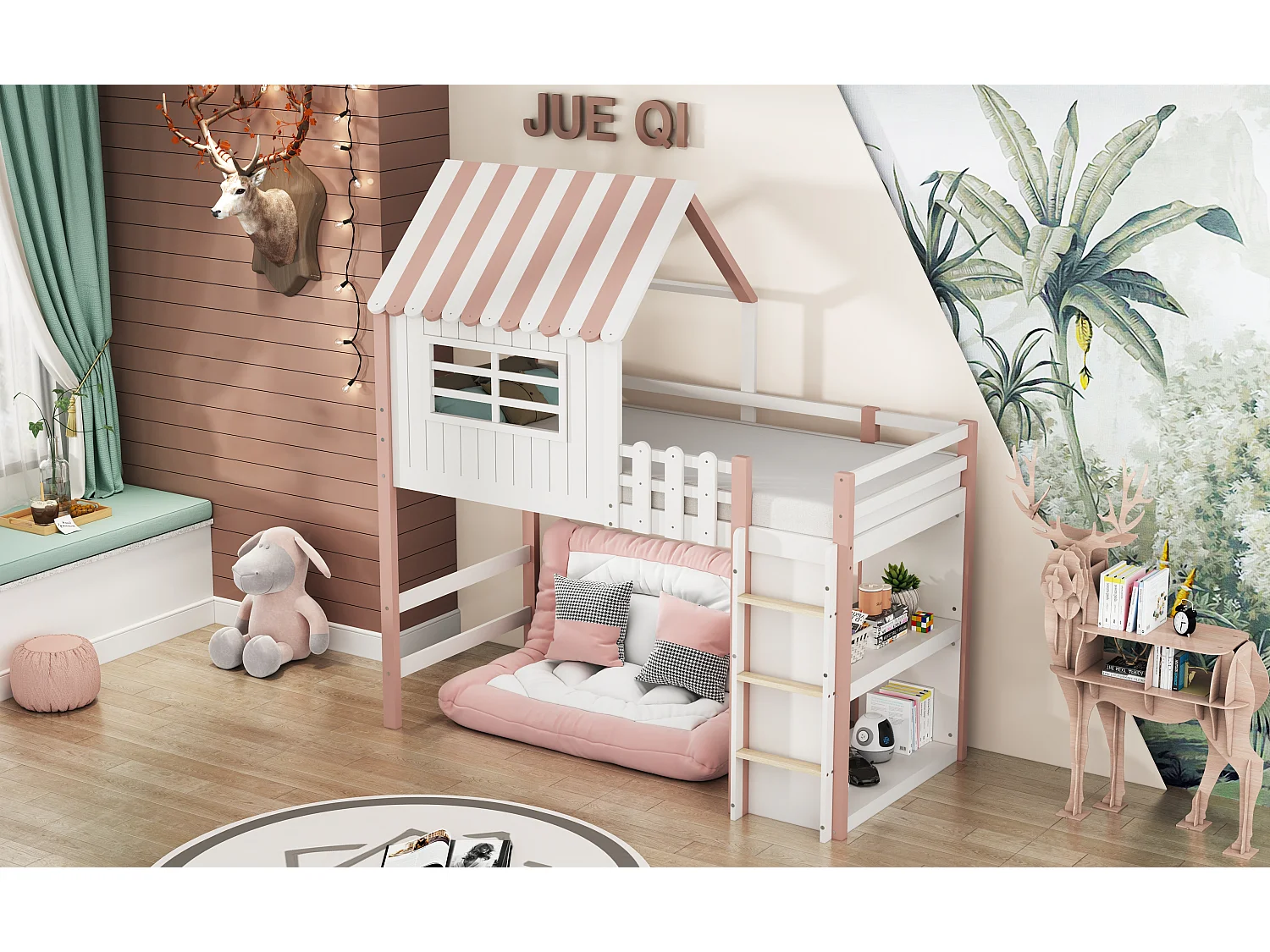 Lit mezzanine 90 x 200 cm - lit cabane avec échelle - Étagère de rangement - Bois massif - Rose