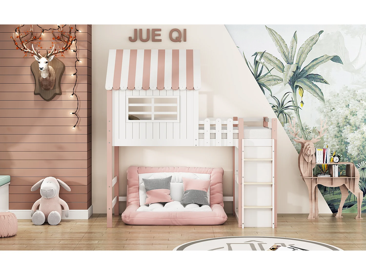 Lit mezzanine 90 x 200 cm - lit cabane avec échelle - Étagère de rangement - Bois massif - Rose