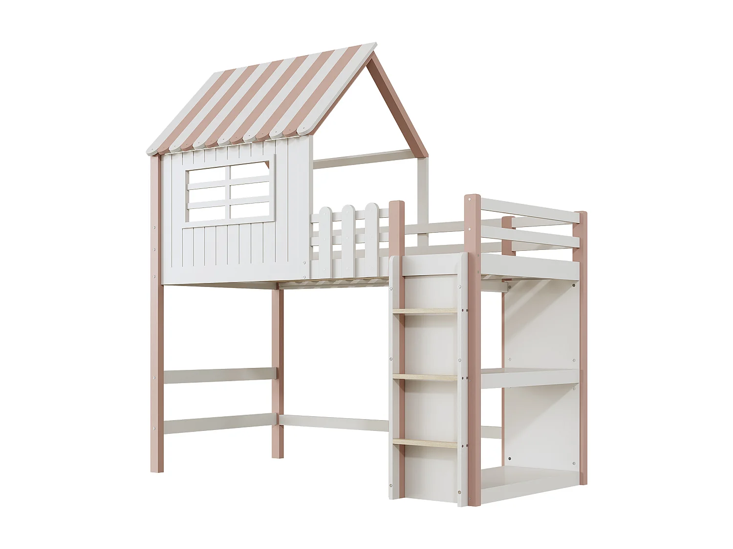 Lit mezzanine 90 x 200 cm - lit cabane avec échelle - Étagère de rangement - Bois massif - Rose