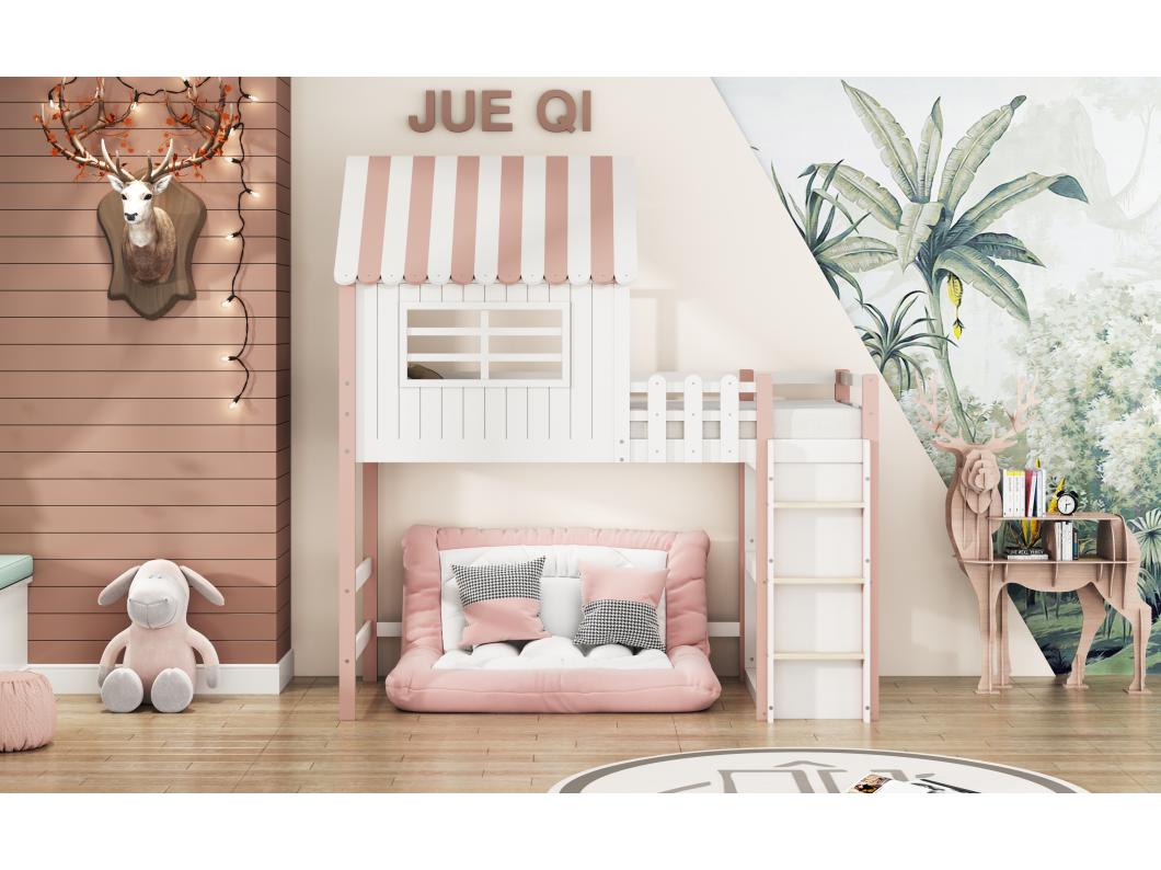 Hoogslaper 90 x 200 cm - cabinebed met ladder - Opbergplank - Massief hout - Roze