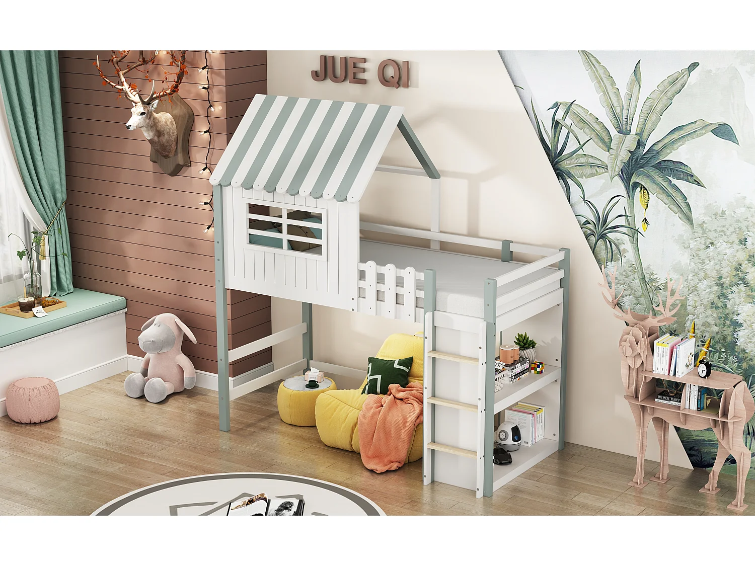 Hoogslaper 90 x 200 cm - cabinebed met ladder - Opbergplank - Massief hout - Groen