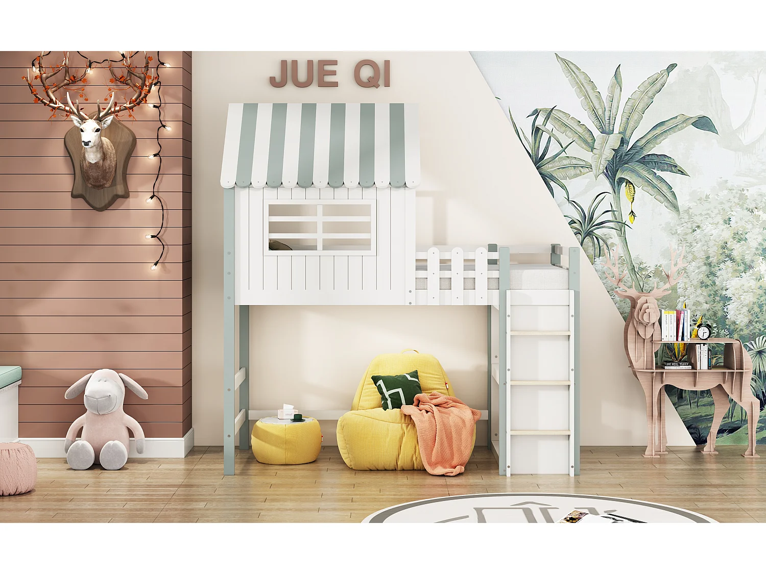 Hoogslaper 90 x 200 cm - cabinebed met ladder - Opbergplank - Massief hout - Groen