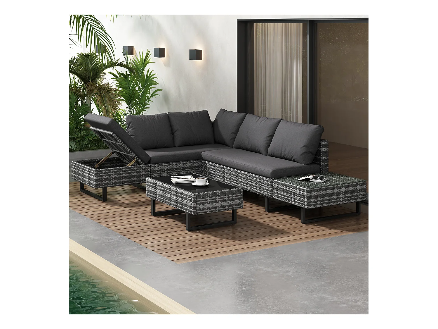 5-zits tuinbankset met opbergbox - Vullingdikte 7 cm - PE rotan - Grijs