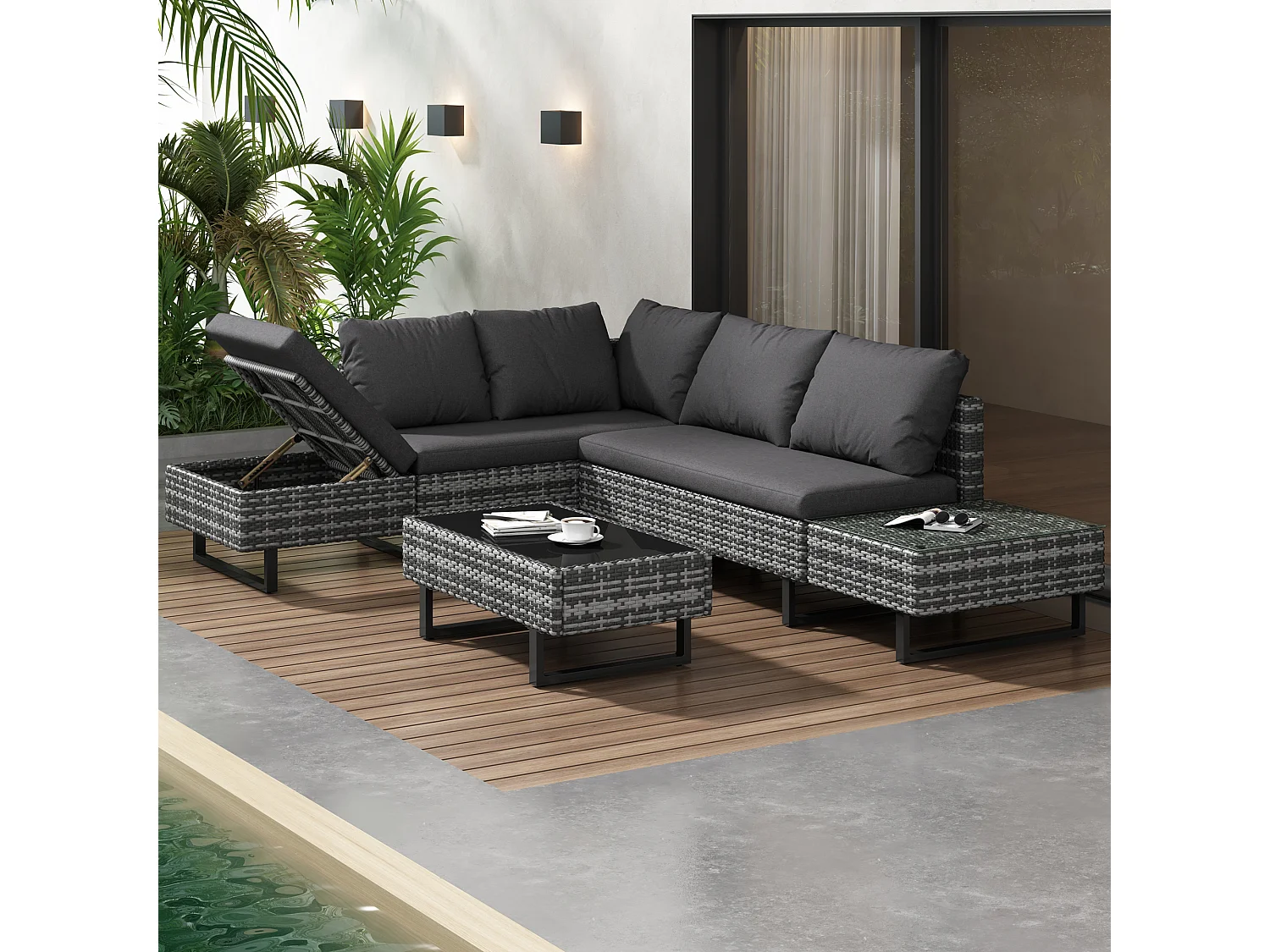 5-zits tuinbankset met opbergbox - Vullingdikte 7 cm - PE rotan - Grijs