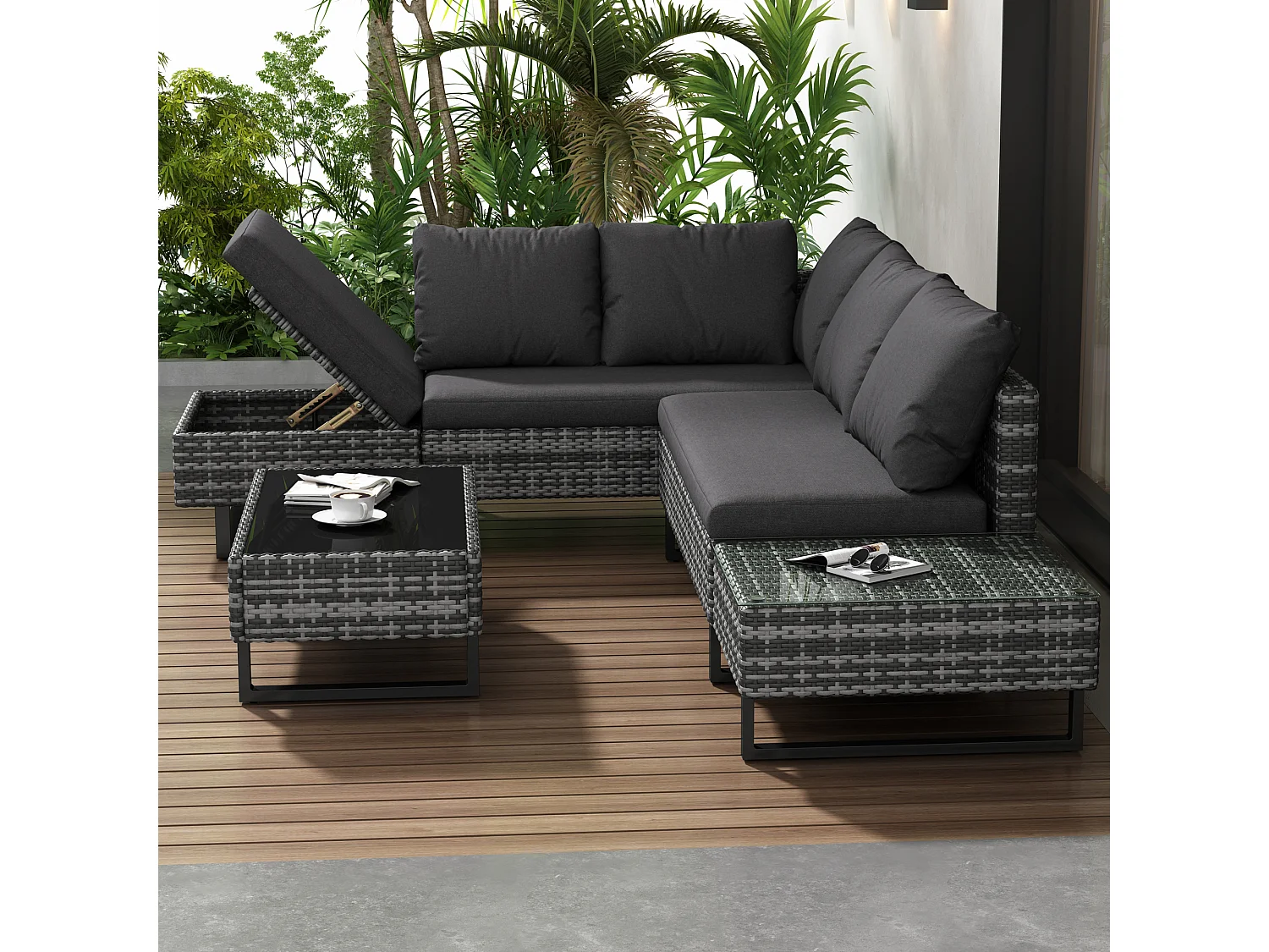 5-zits tuinbankset met opbergbox - Vullingdikte 7 cm - PE rotan - Grijs