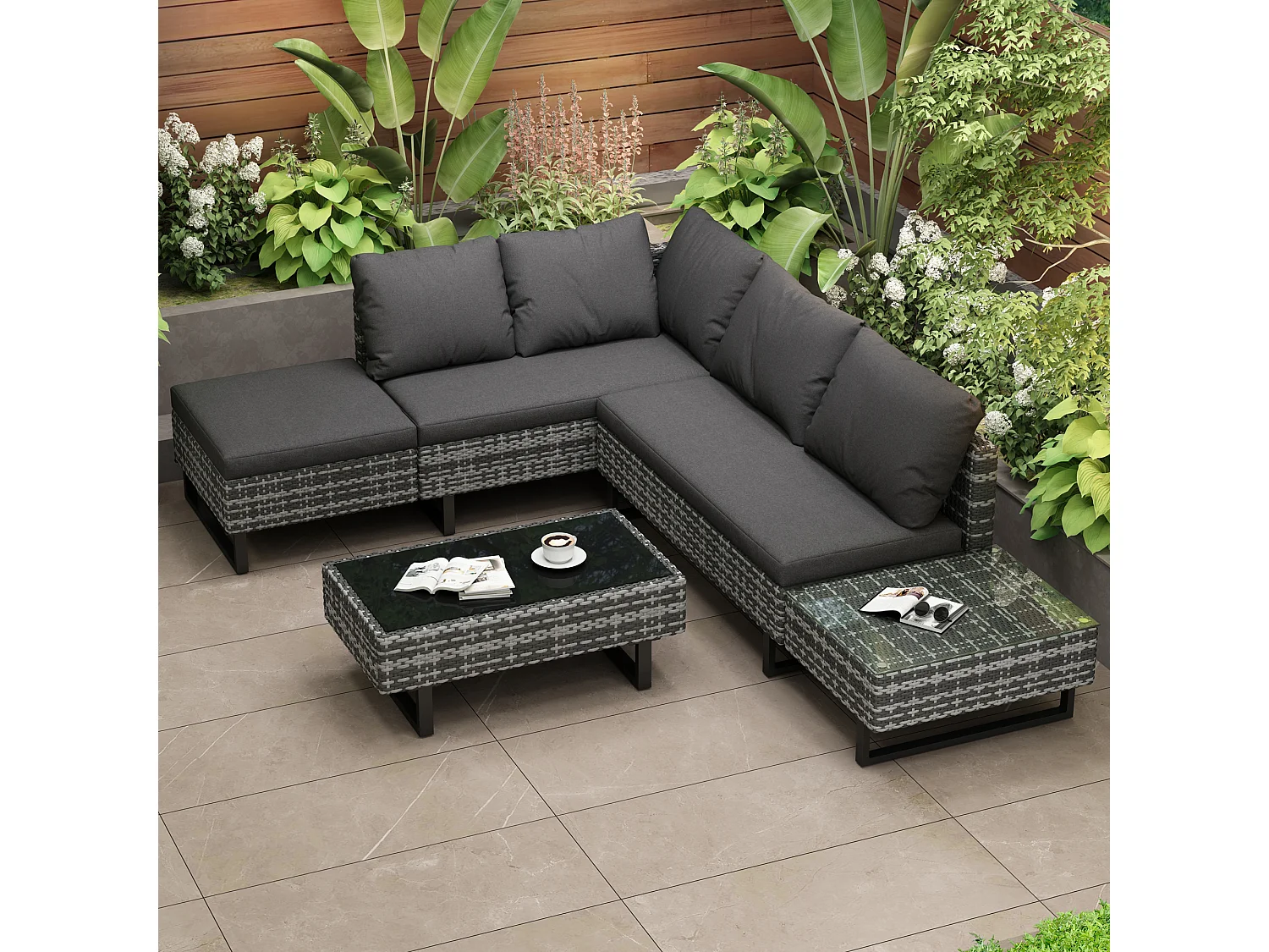 5-zits tuinbankset met opbergbox - Vullingdikte 7 cm - PE rotan - Grijs