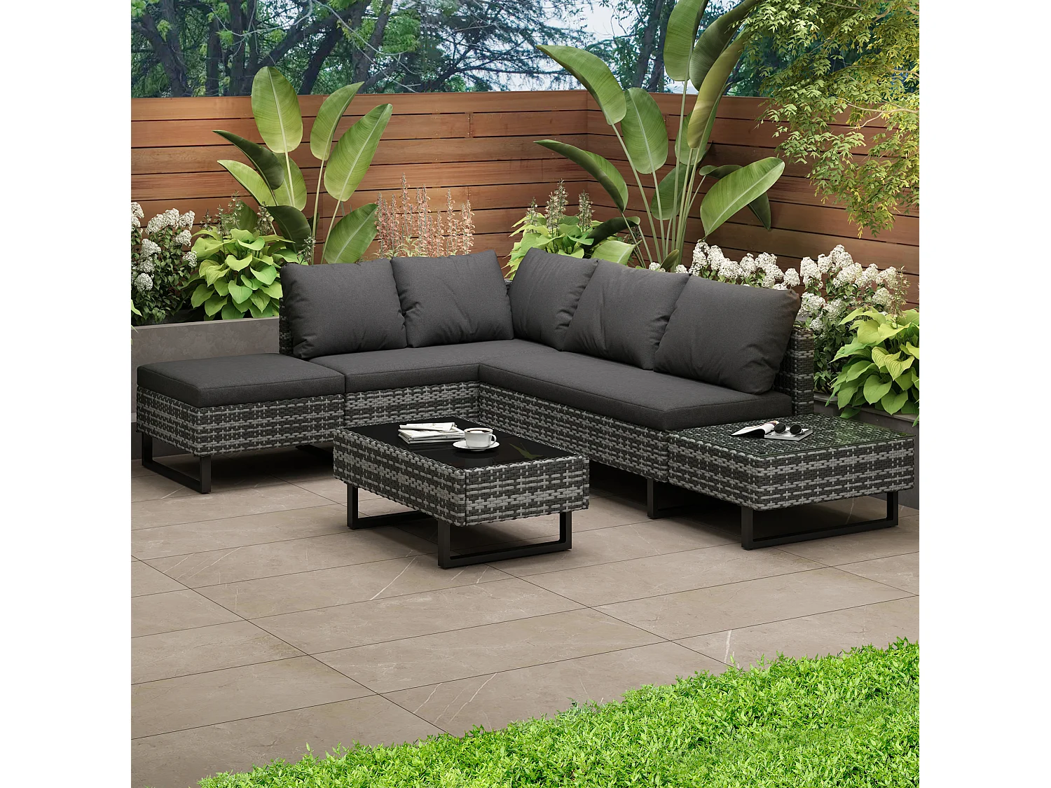 5-zits tuinbankset met opbergbox - Vullingdikte 7 cm - PE rotan - Grijs