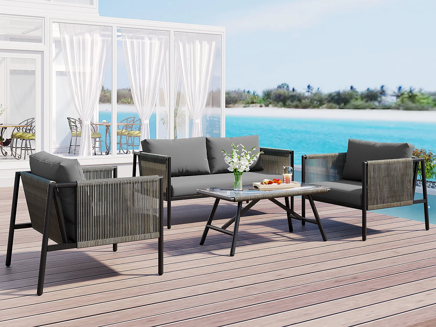 4-zits tuinmeubelset van gegalvaniseerd staal: 1 bank + 2 fauteuils + 1 glazen salontafel - Inclusief kussens - Grijs