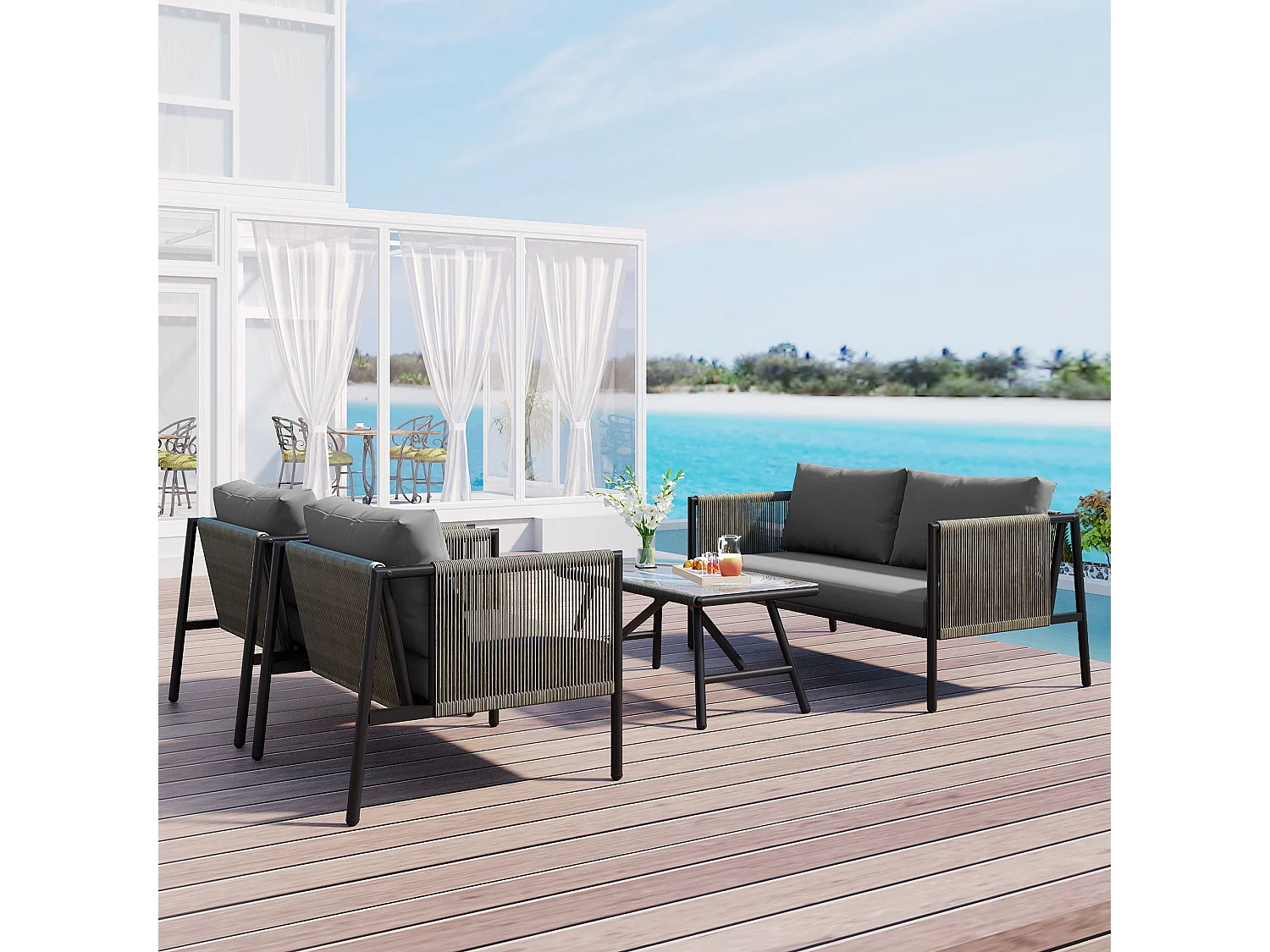 4-zits tuinmeubelset van gegalvaniseerd staal: 1 bank + 2 fauteuils + 1 glazen salontafel - Inclusief kussens - Grijs