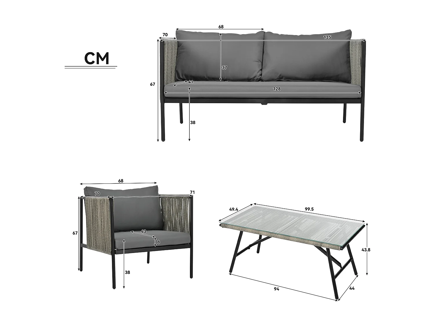 4-zits tuinmeubelset van gegalvaniseerd staal: 1 bank + 2 fauteuils + 1 glazen salontafel - Inclusief kussens - Grijs