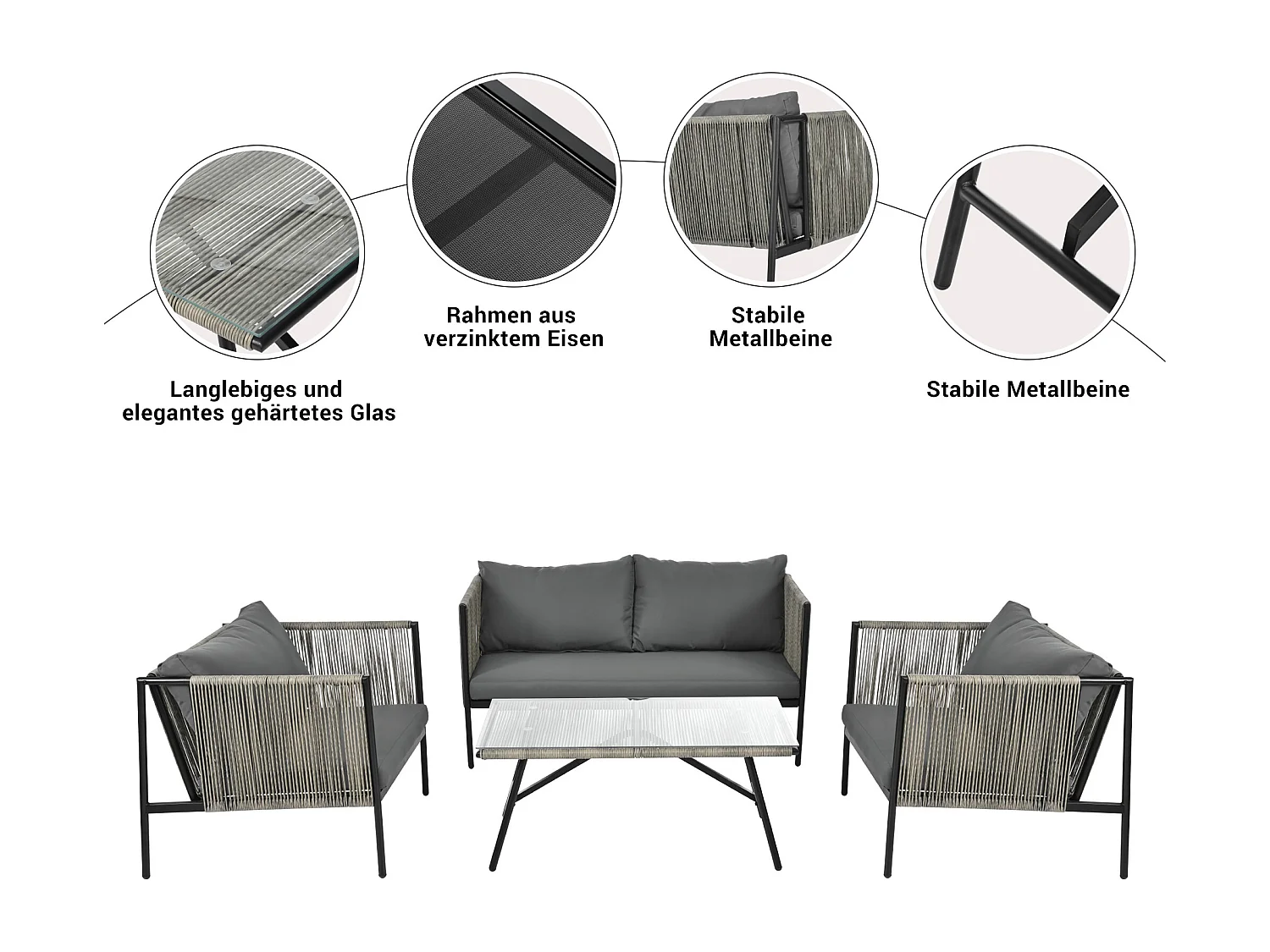 4-zits tuinmeubelset van gegalvaniseerd staal: 1 bank + 2 fauteuils + 1 glazen salontafel - Inclusief kussens - Grijs