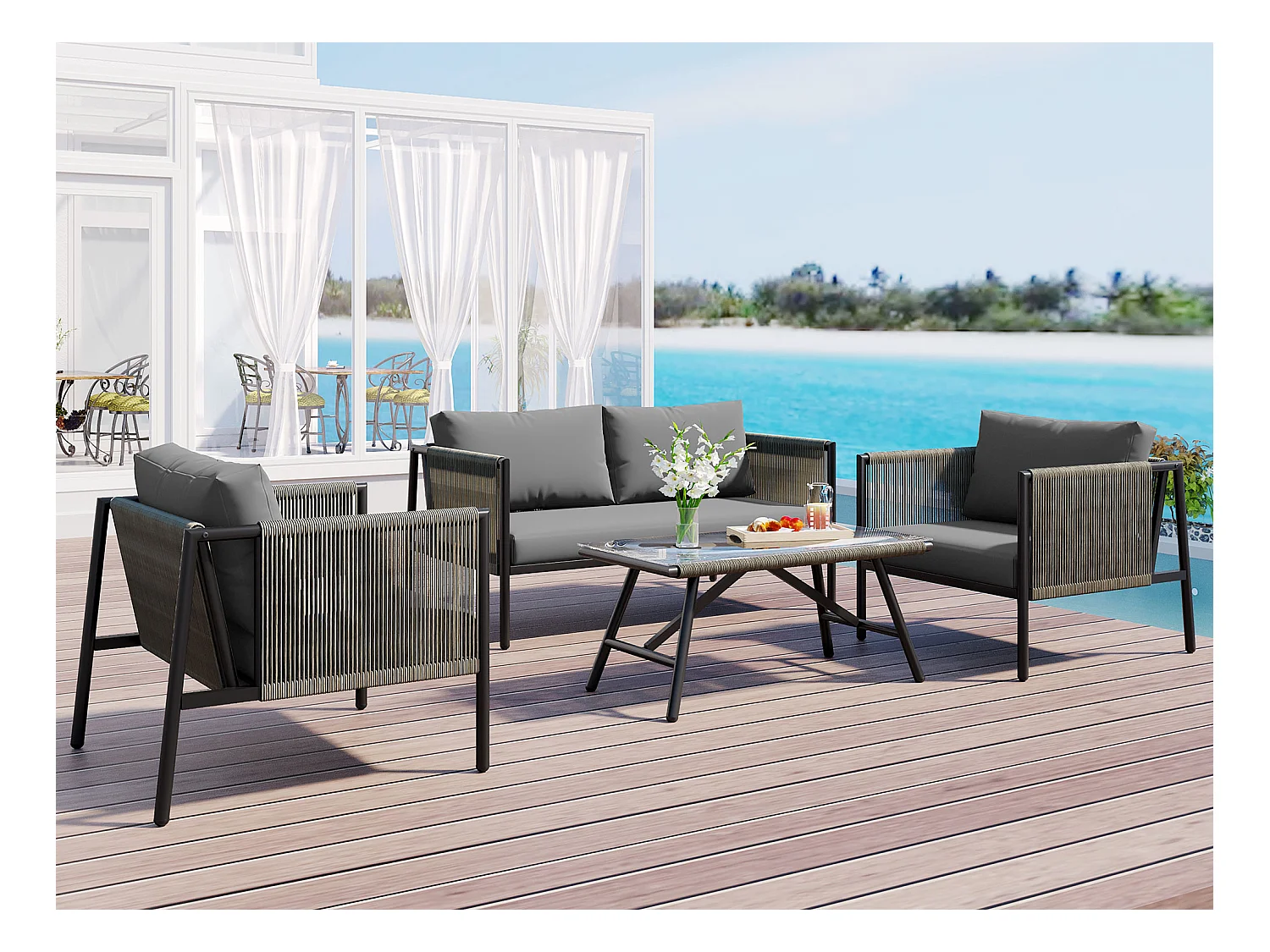 4-zits tuinmeubelset van gegalvaniseerd staal: 1 bank + 2 fauteuils + 1 glazen salontafel - Inclusief kussens - Grijs