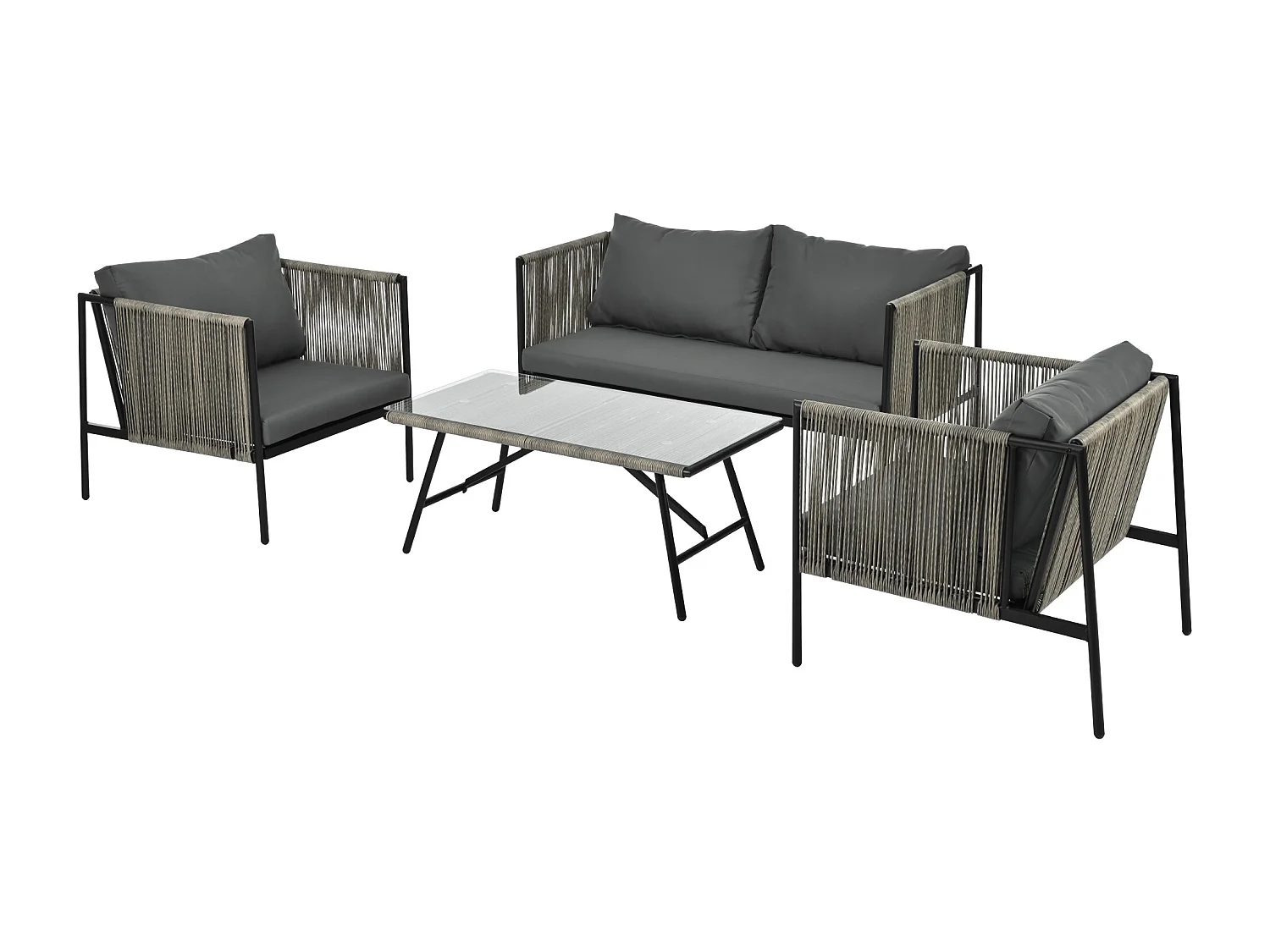 4-zits tuinmeubelset van gegalvaniseerd staal: 1 bank + 2 fauteuils + 1 glazen salontafel - Inclusief kussens - Grijs