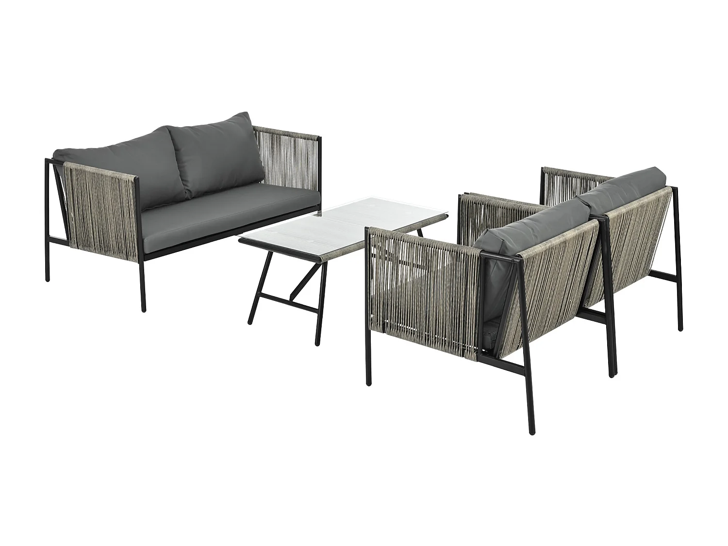 4-zits tuinmeubelset van gegalvaniseerd staal: 1 bank + 2 fauteuils + 1 glazen salontafel - Inclusief kussens - Grijs