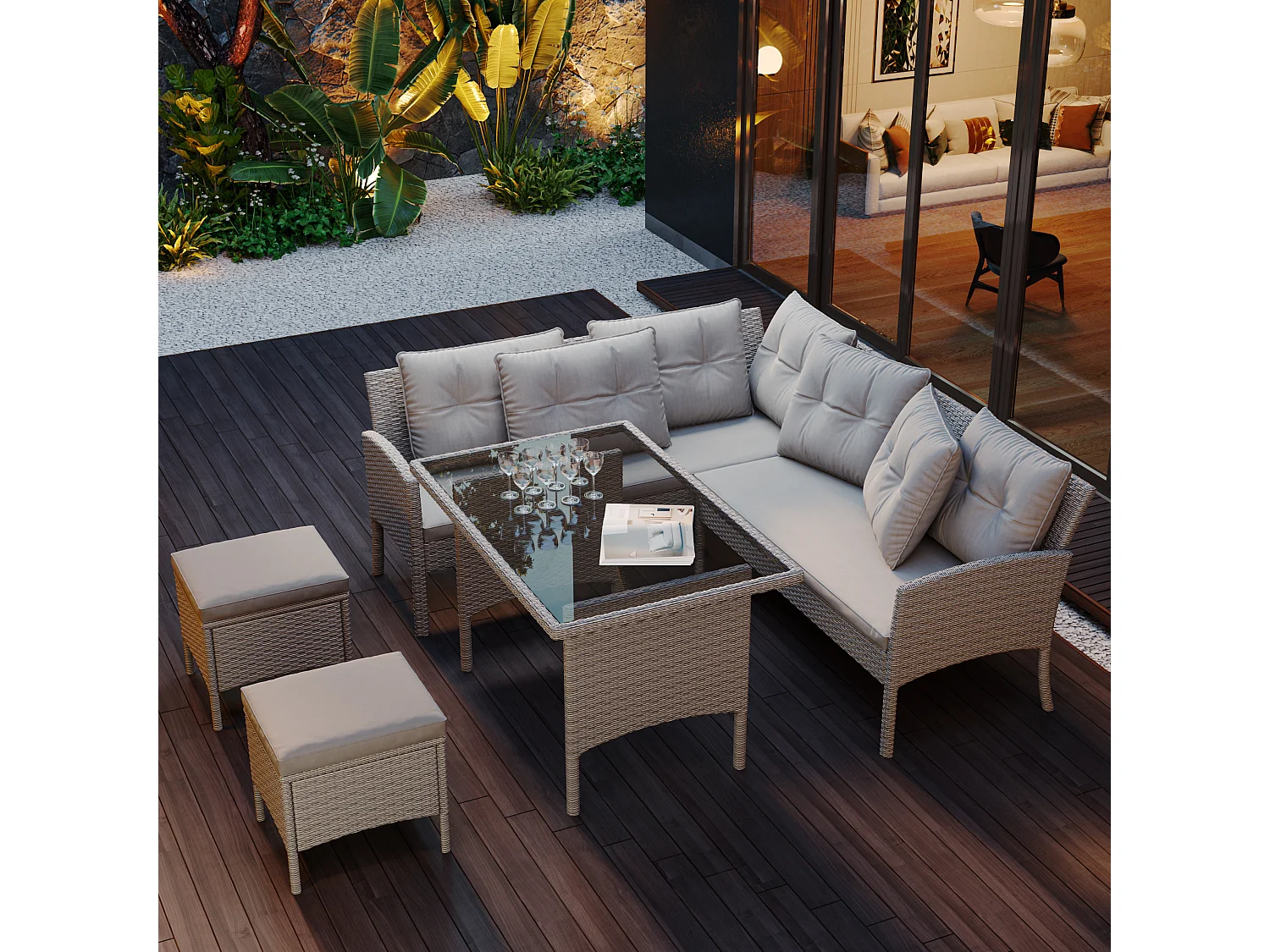 Ensemble salon de jardin en polyrotin 7 places avec avec canapé, table, tabouret et coussin - Anti-UV - Coloris kaki