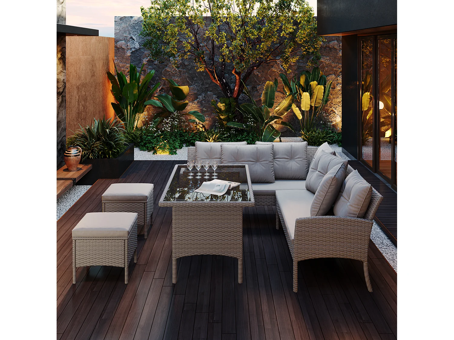 Ensemble salon de jardin en polyrotin 7 places avec avec canapé, table, tabouret et coussin - Anti-UV - Coloris kaki